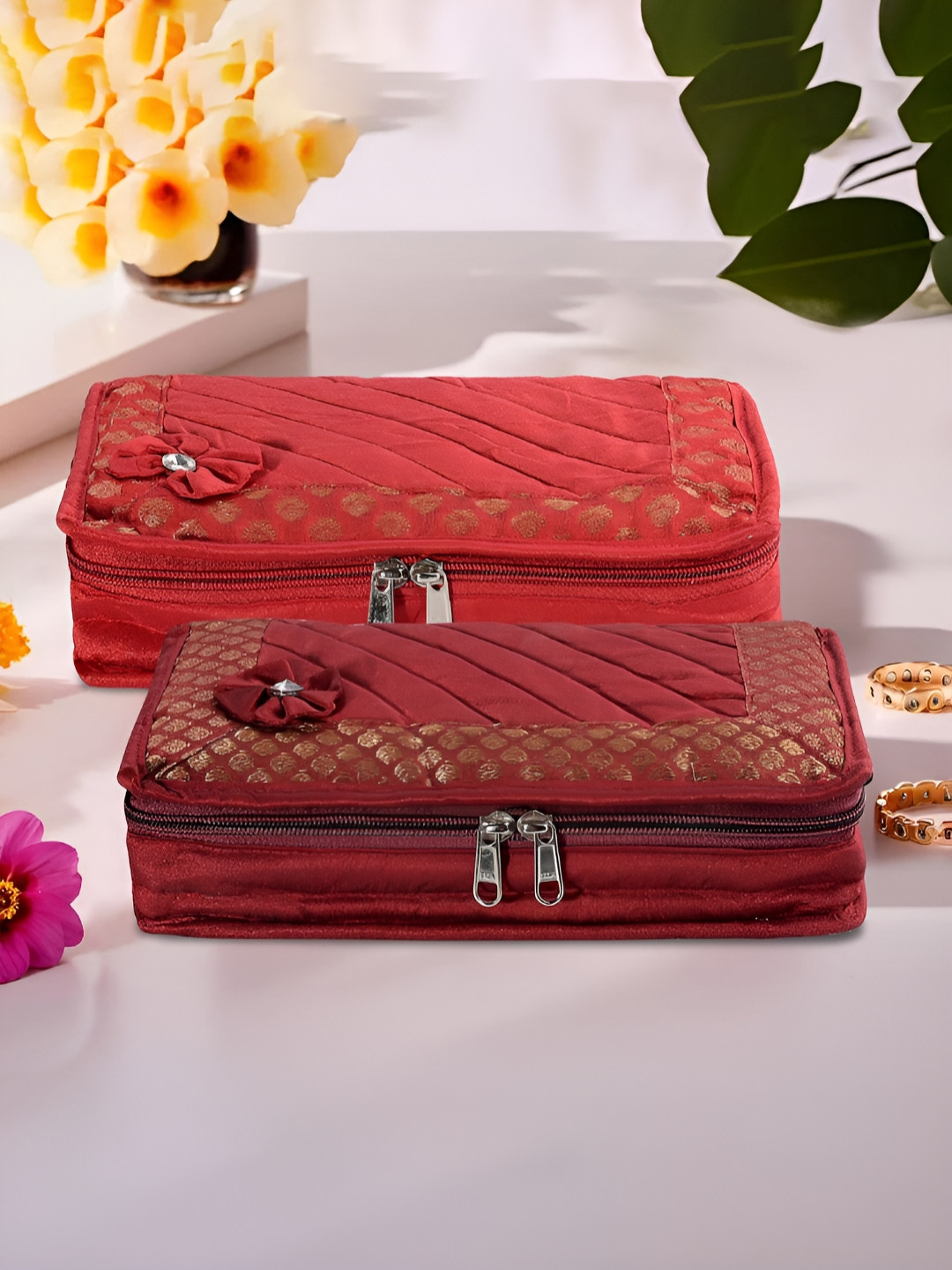 RUBOXA Maroon & Red 2 Pieces Bow 7-Compartments Jewellery Organisers