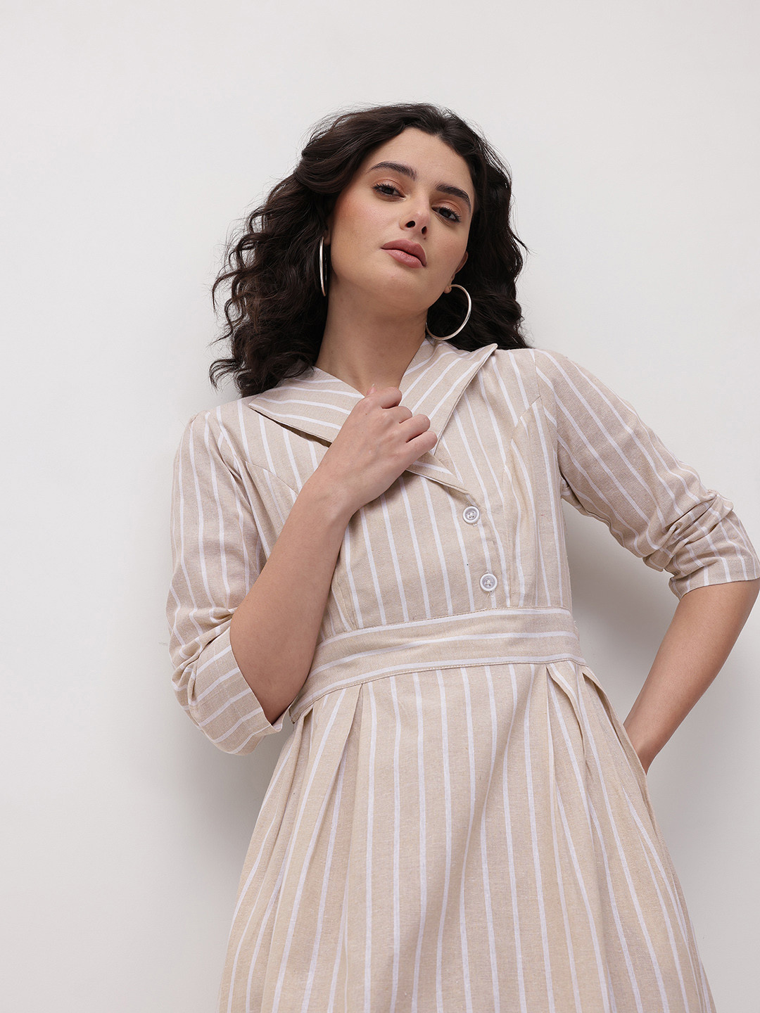 R.Code by The Roadster Life Co. Striped Tie-Up Detail Pure Cotton Wrap Blazer Midi Dress