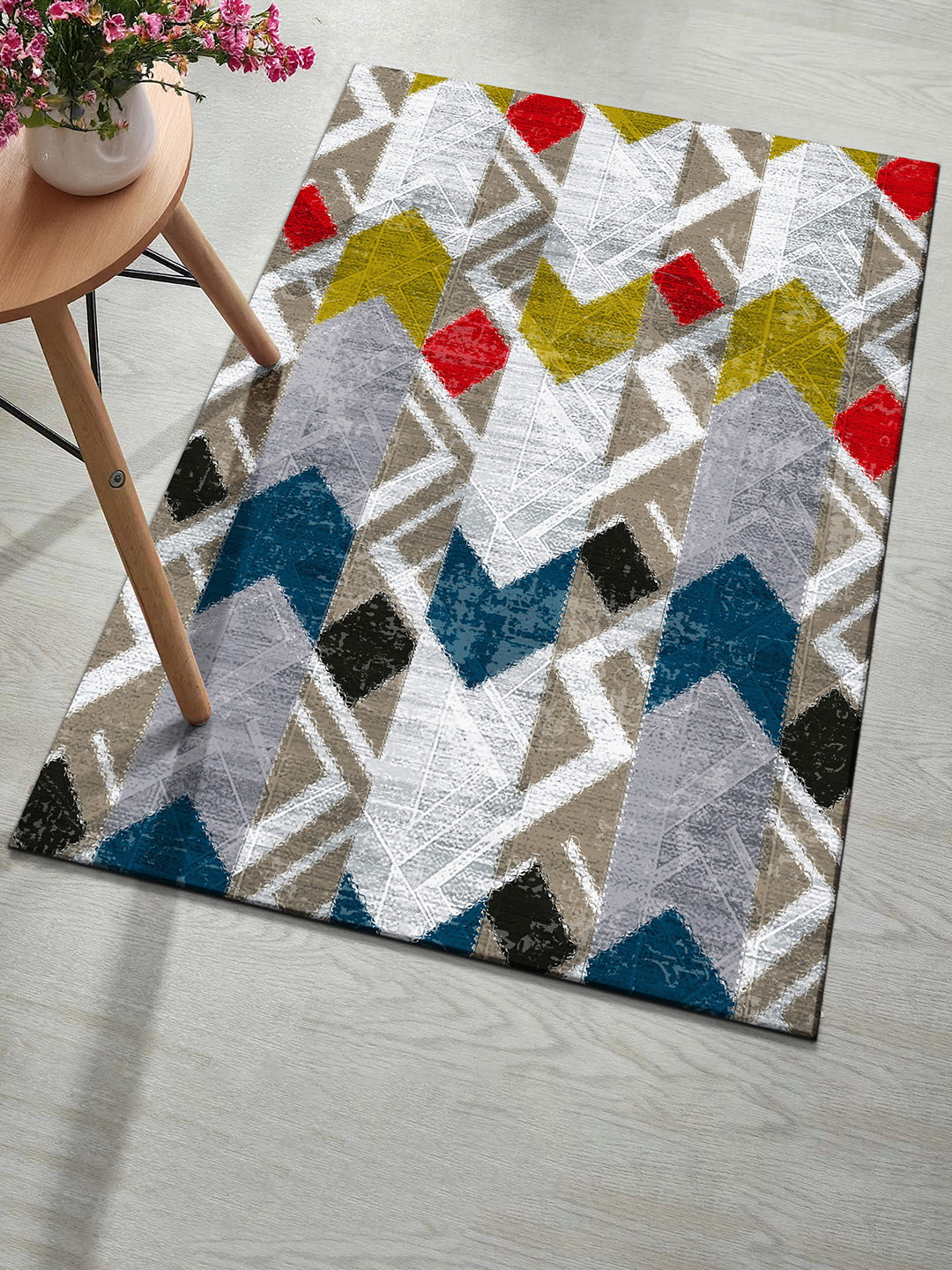 Kaleen India Navy Blue & Grey Geometric Printed Anti-Skid Washable Carpet