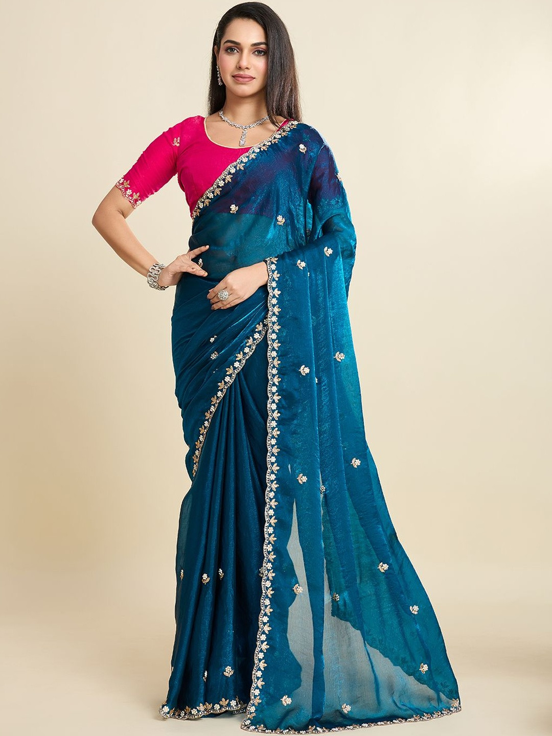 Elite Fashion Teal Pure Chiffon Embroidered Sarees