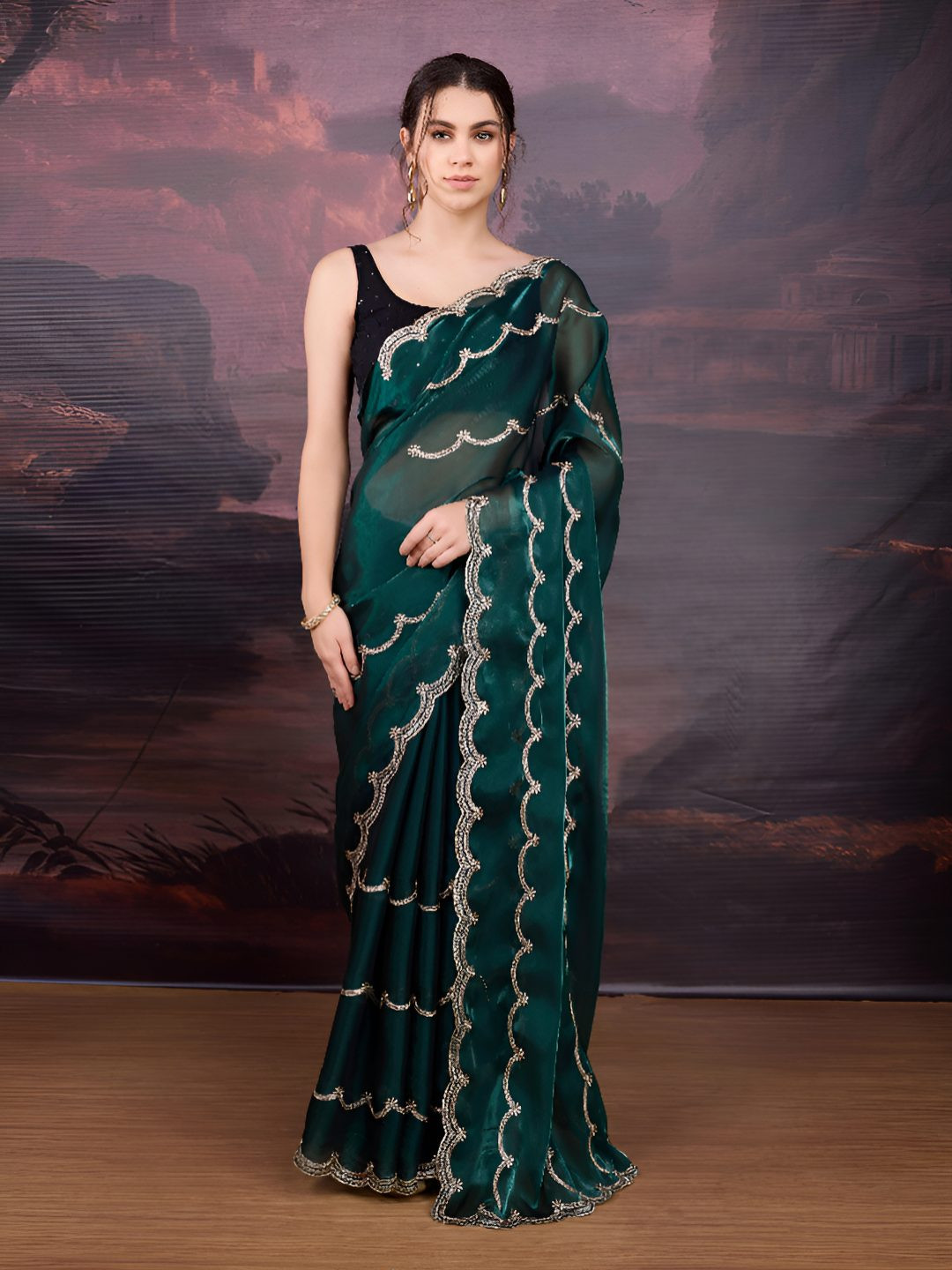 Desi Fusion Women Thread Embroidery Scallop Border Saree With Blouse Piece