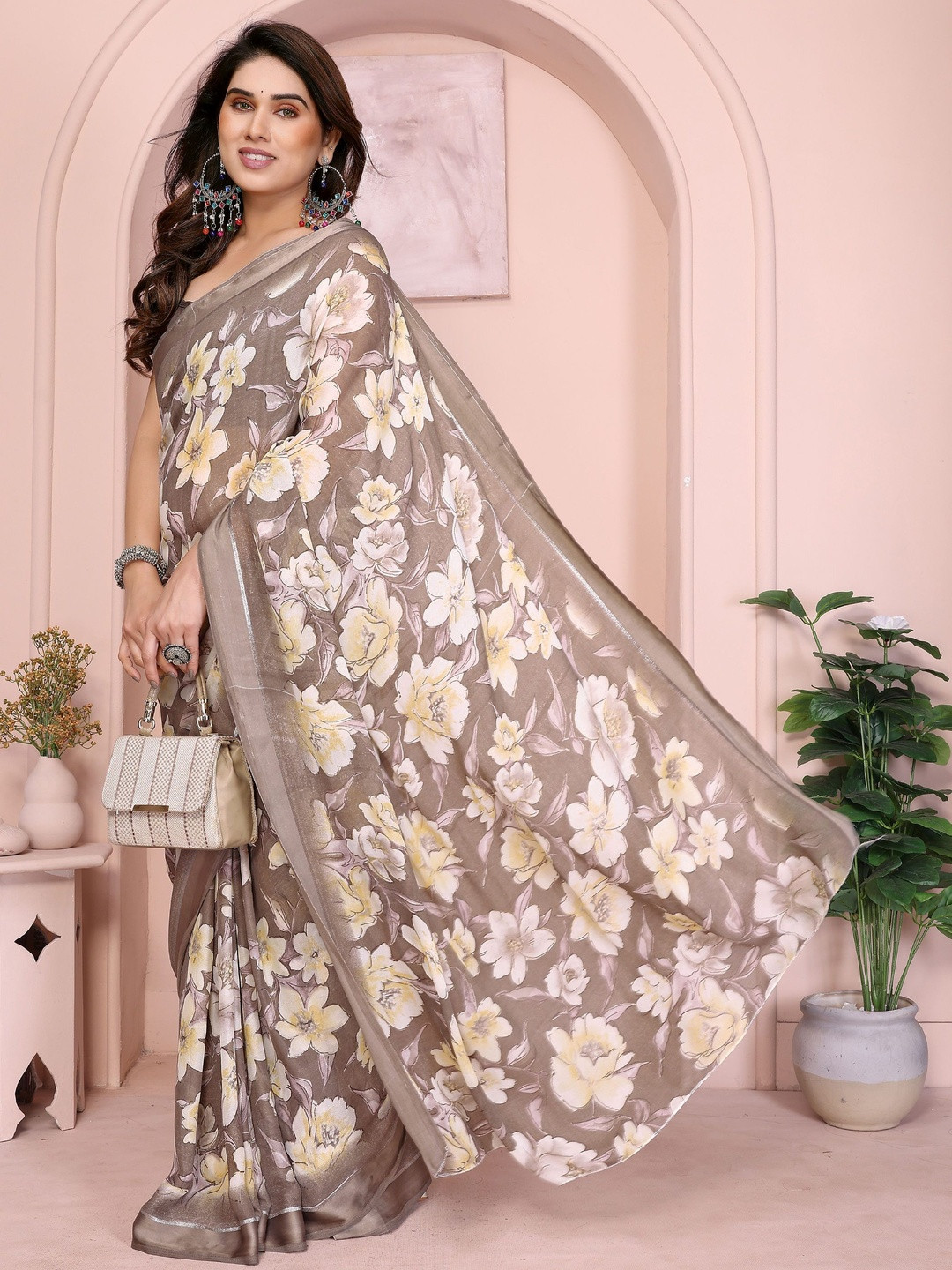 KALINI Cream Satin Printed Sarees