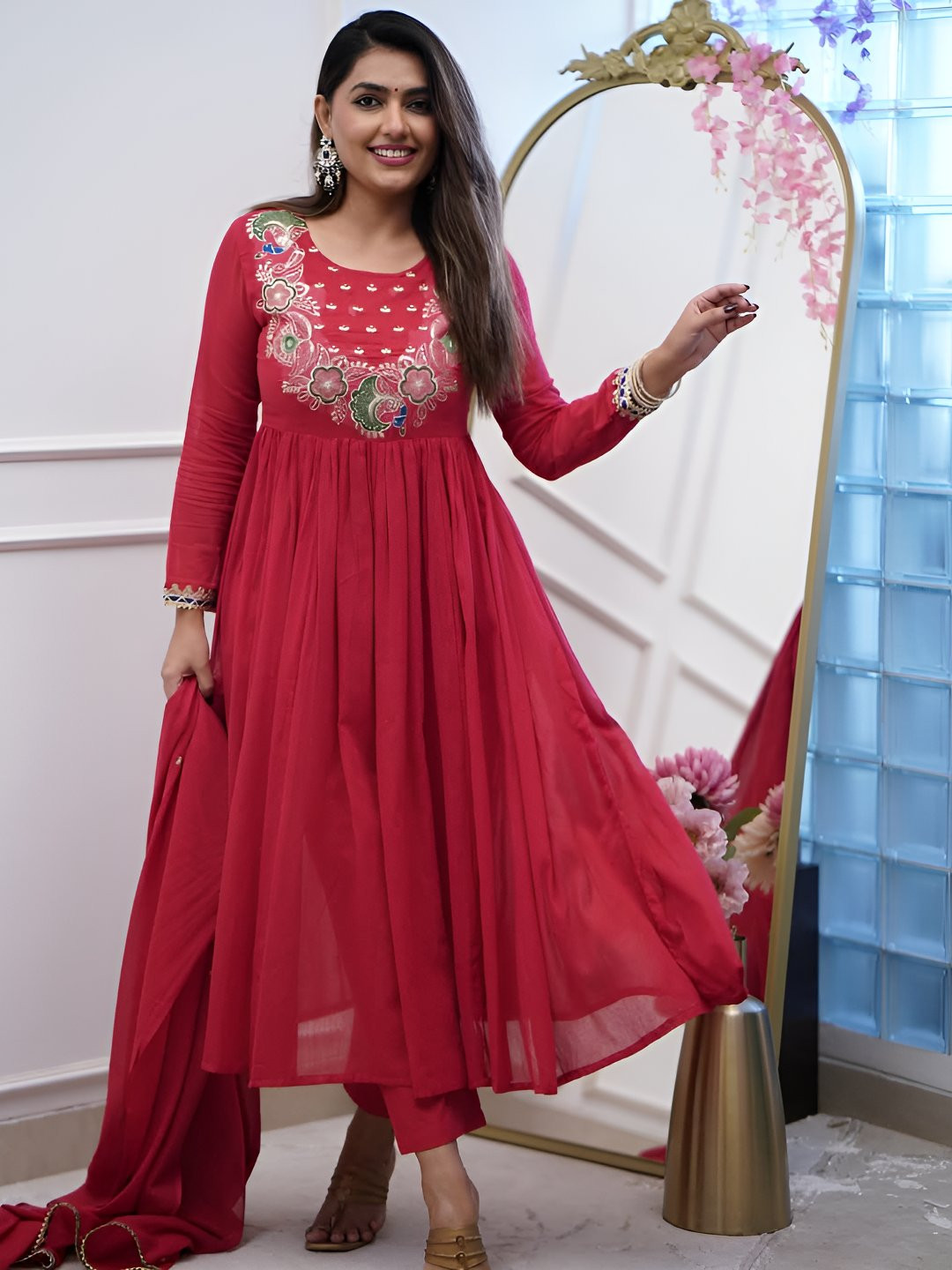 Pantos Floral Embroidered Tiered Thread Work Kurta With Trousers & Dupatta