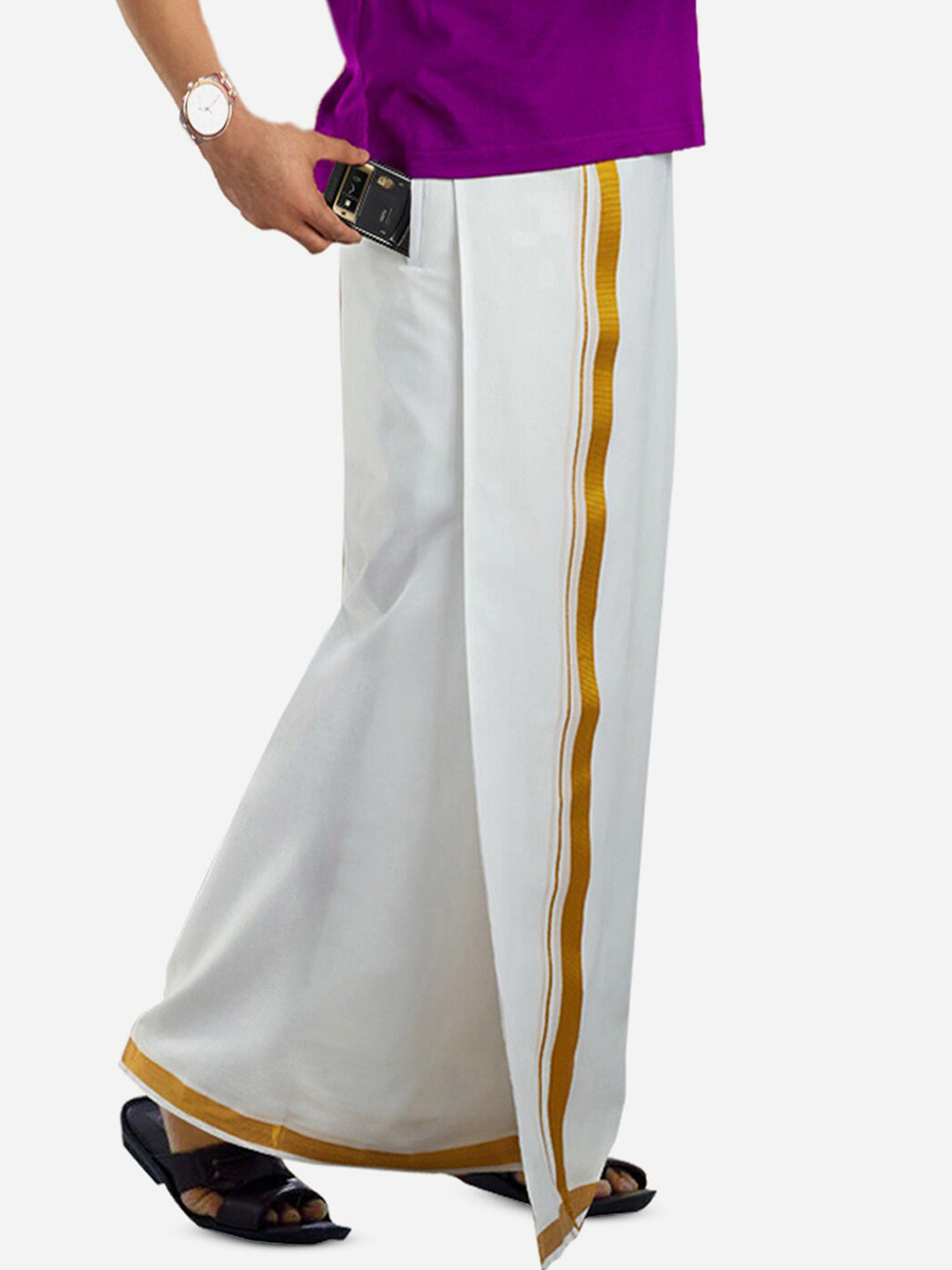 PRAKASAM COTTON Men White & Gold-Coloured Solid Pure Cotton Dhoti