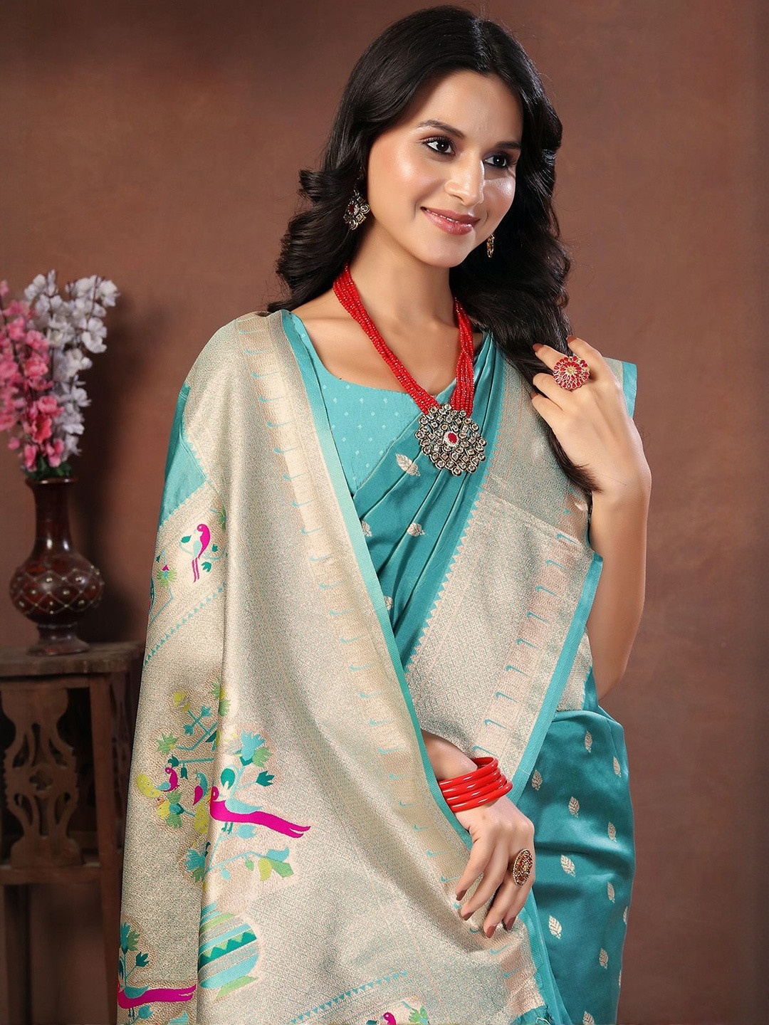 KALINI Sea Green Art Silk Woven Design Sarees