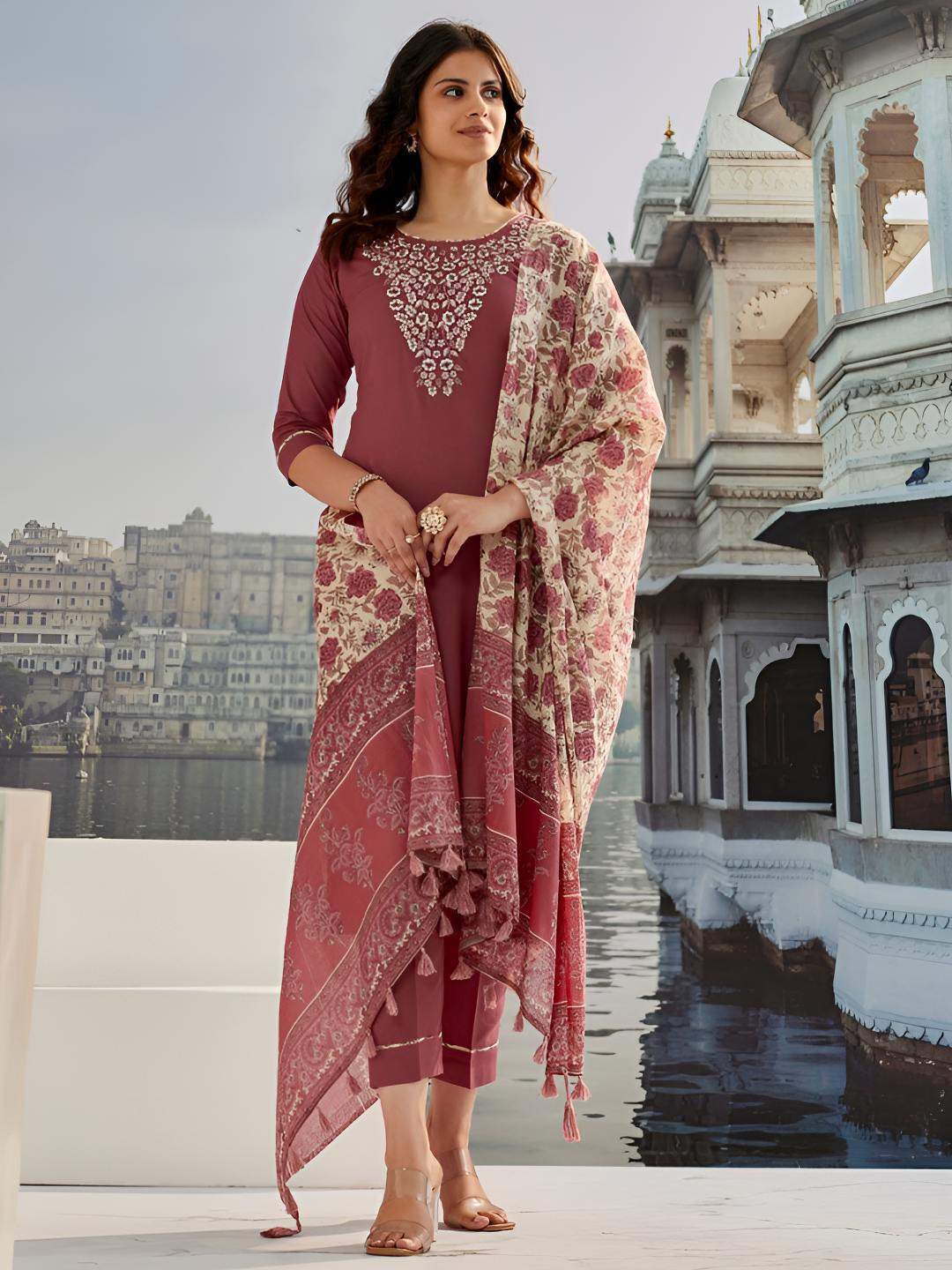 Pantos Floral Embroidered Round Neck Thread Work Straight Kurta With Trousers & Dupatta