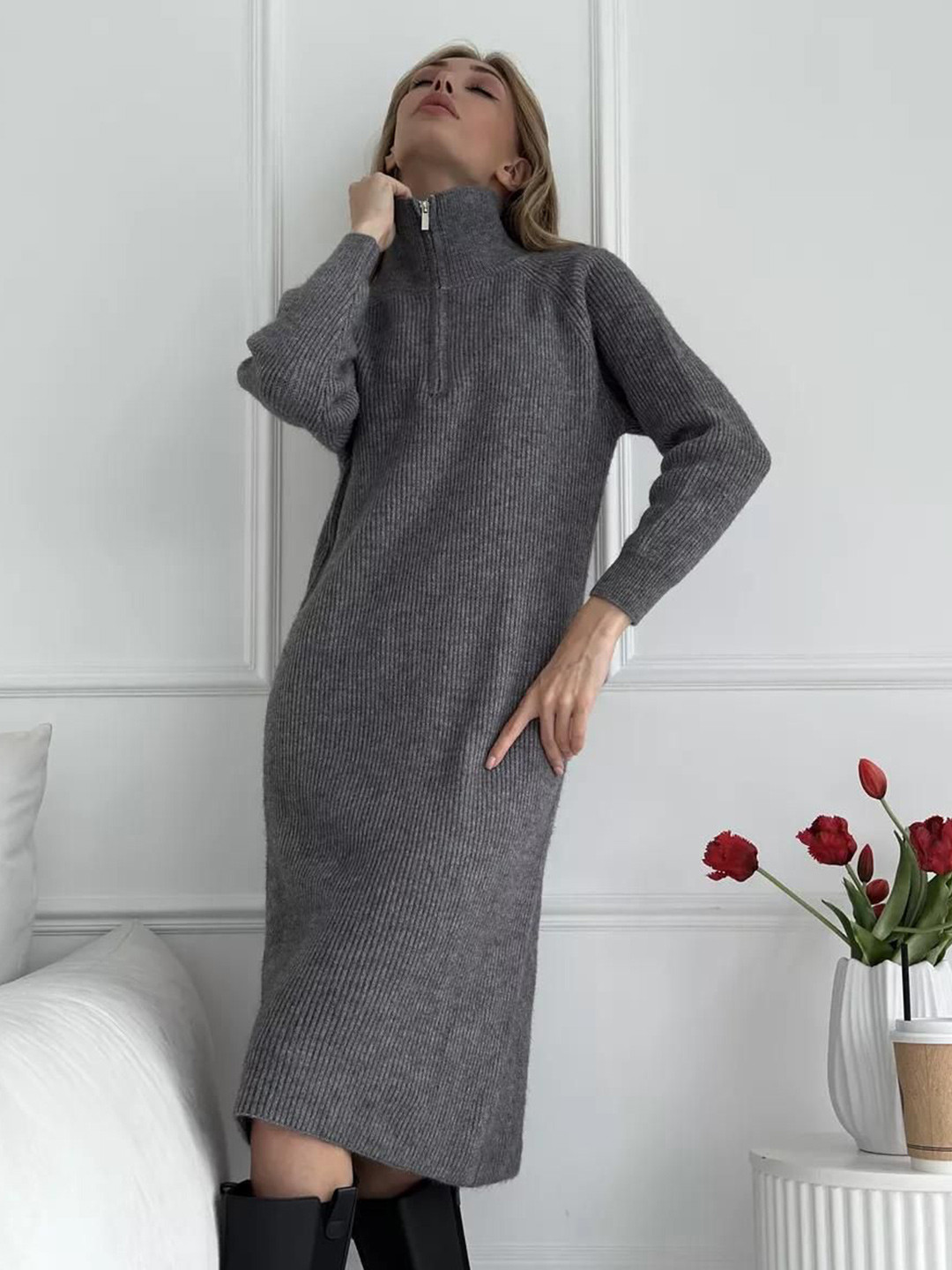 bebe Grey Ribbed Knit Collar Half-Zip Closure Midi Sweater Dress