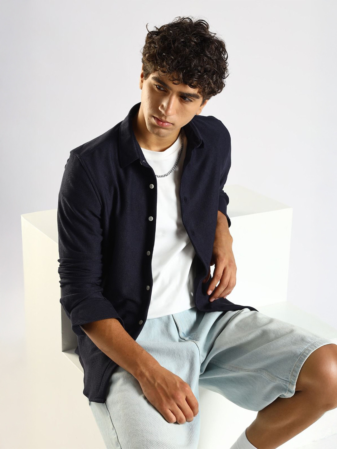 Blu MNKY Textured Spread Collar Polycotton Classic Slim Fit Casual Shirt