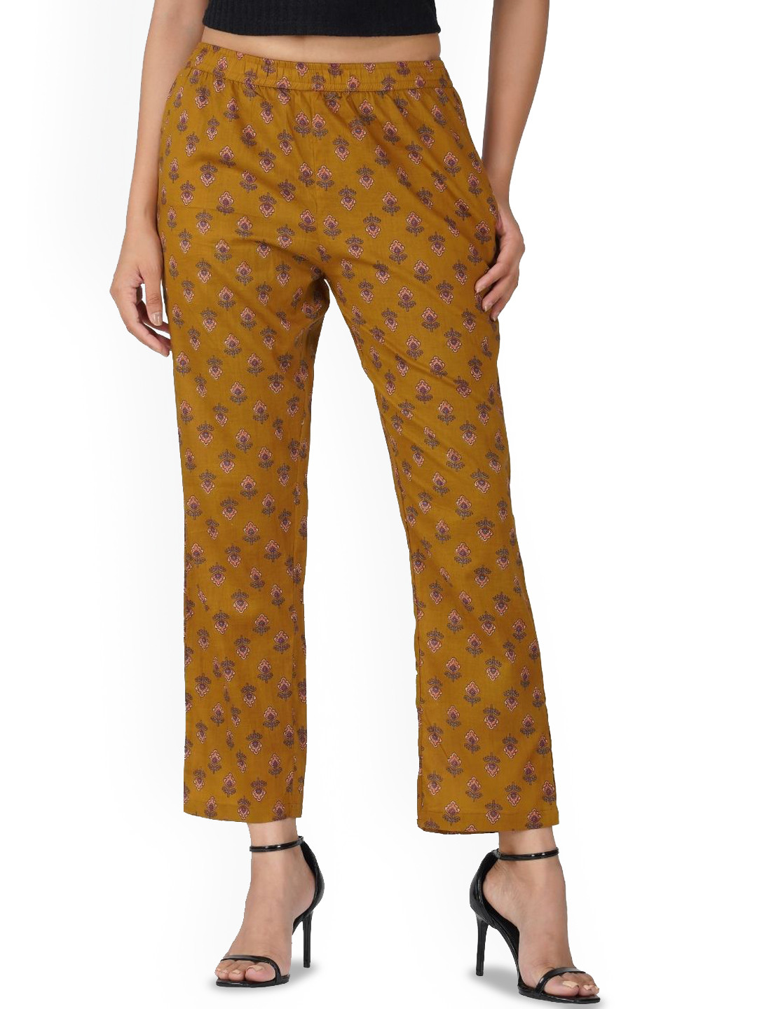 30 Looks Women Dark Mustard Cotton Printed Bottom
