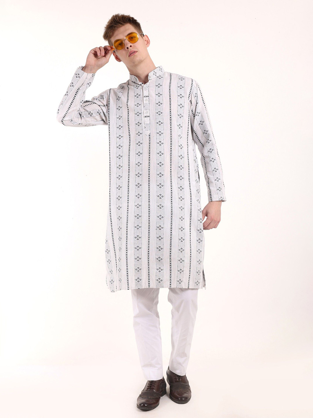 QUMASH FASHION Men Geometric Printed Cotton Thread Work Kurta