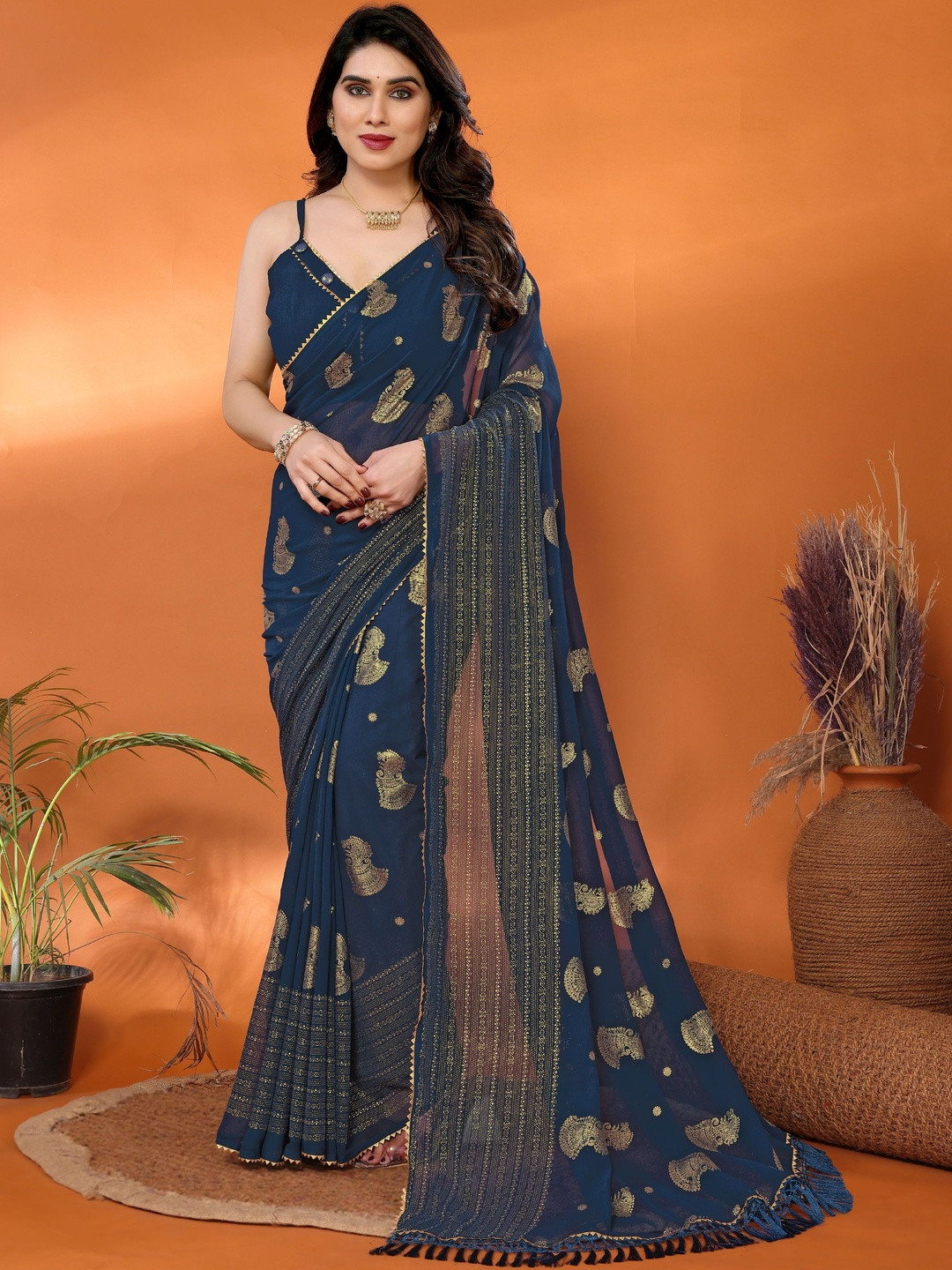 KALINI Blue Poly Georgette Woven Design Sarees