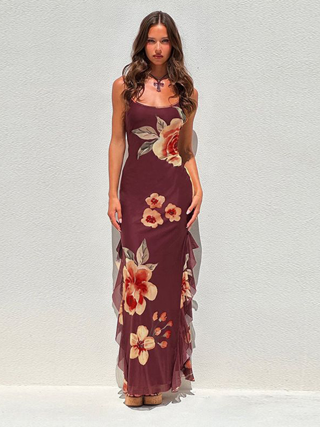 bebe Floral Print Spaghetti Strap Thigh-High Slit Ruffle Trim Bodycon Maxi Dress