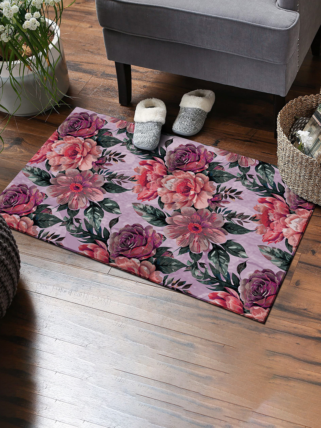 Kaleen India Purple & Black Floral Printed Rectangle Anti-Skid Carpet