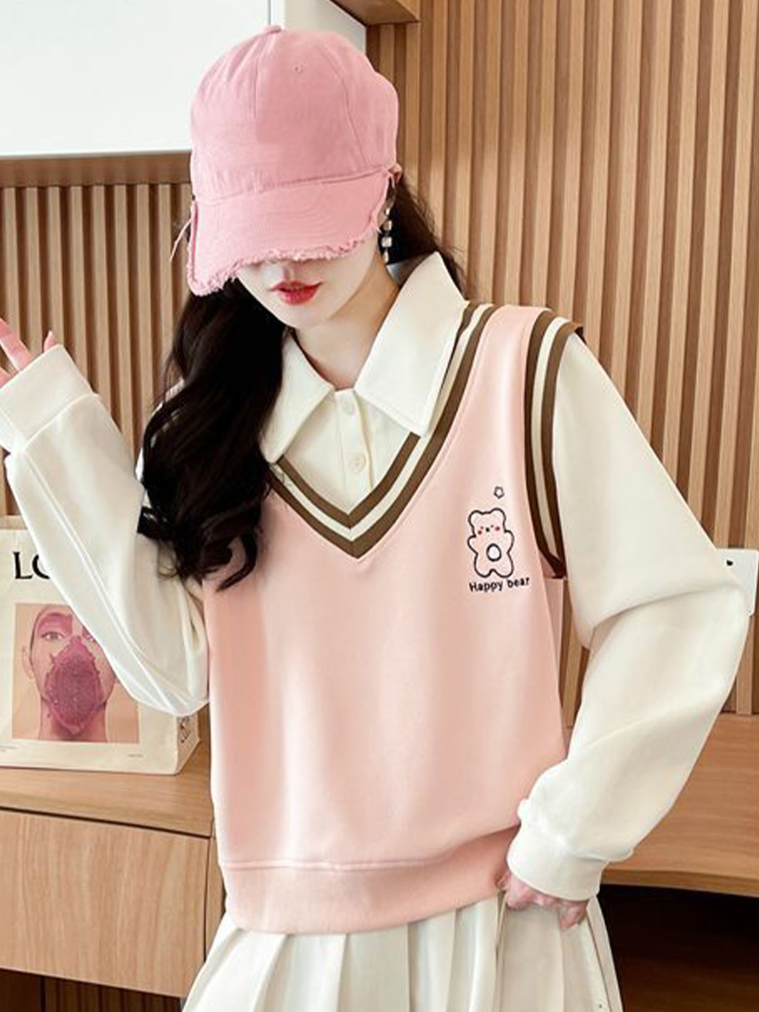 StyleCast x Revolte Happy Bear Shirt Collar Sweatshirt