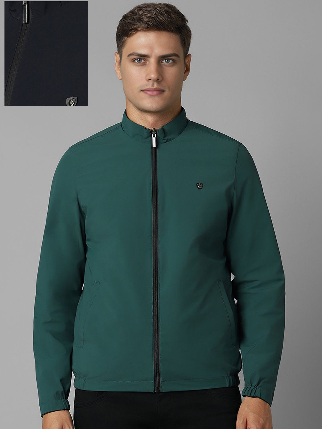 Louis Philippe Self Design Front Open Mock Collar Jacket