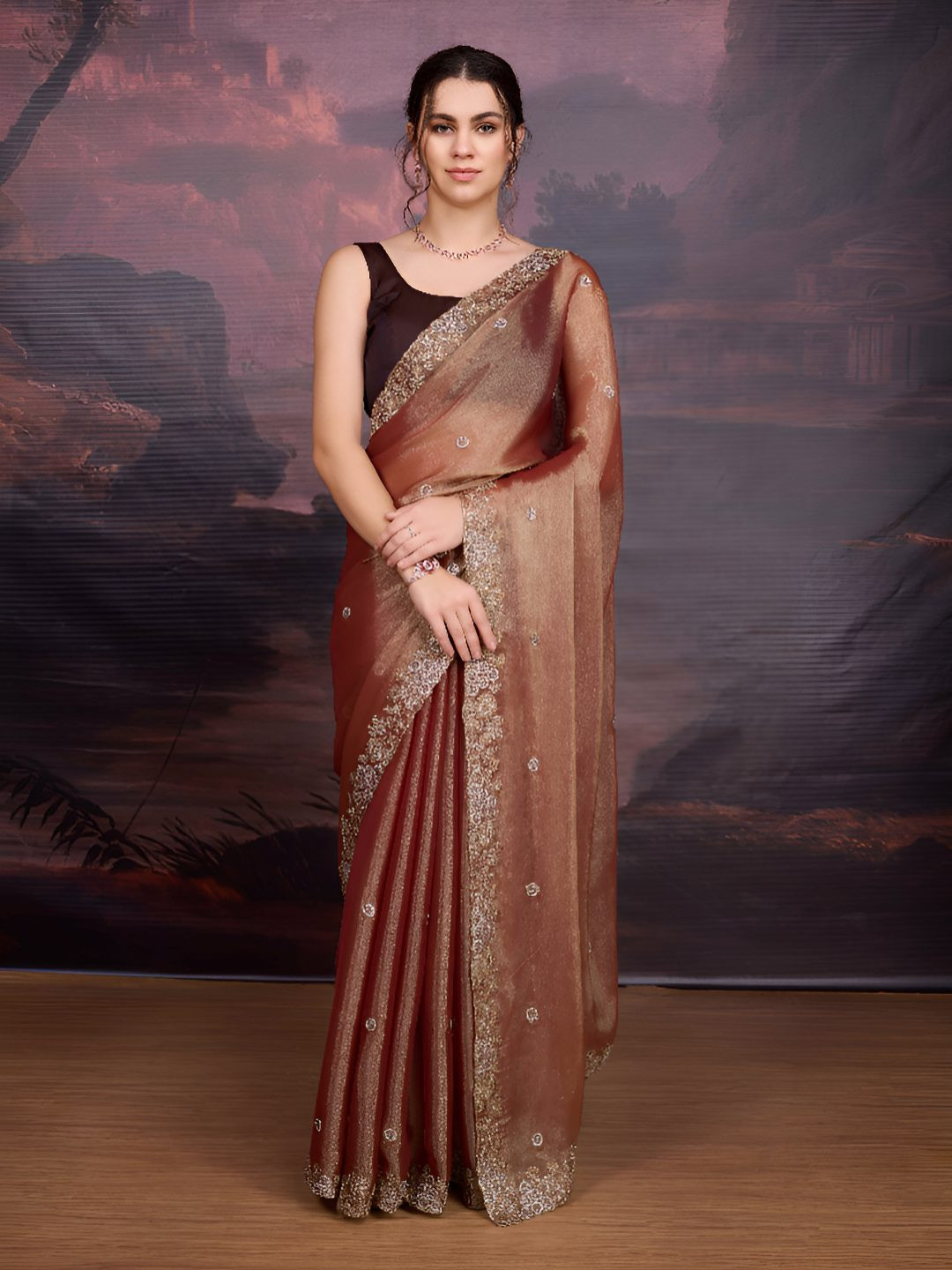 Desi Fusion Embellished Embroidered Art Silk Heavy Work Saree With Blouse Piece