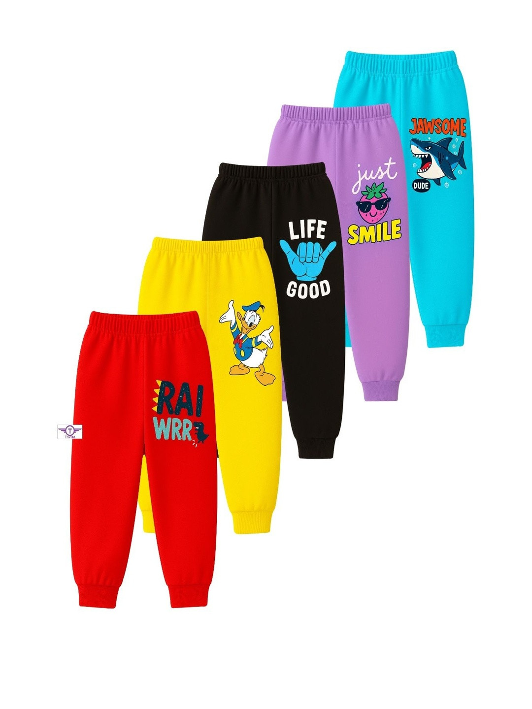 Kids Pack Of 5 Printed Cotton Mid-Rise Trackpants