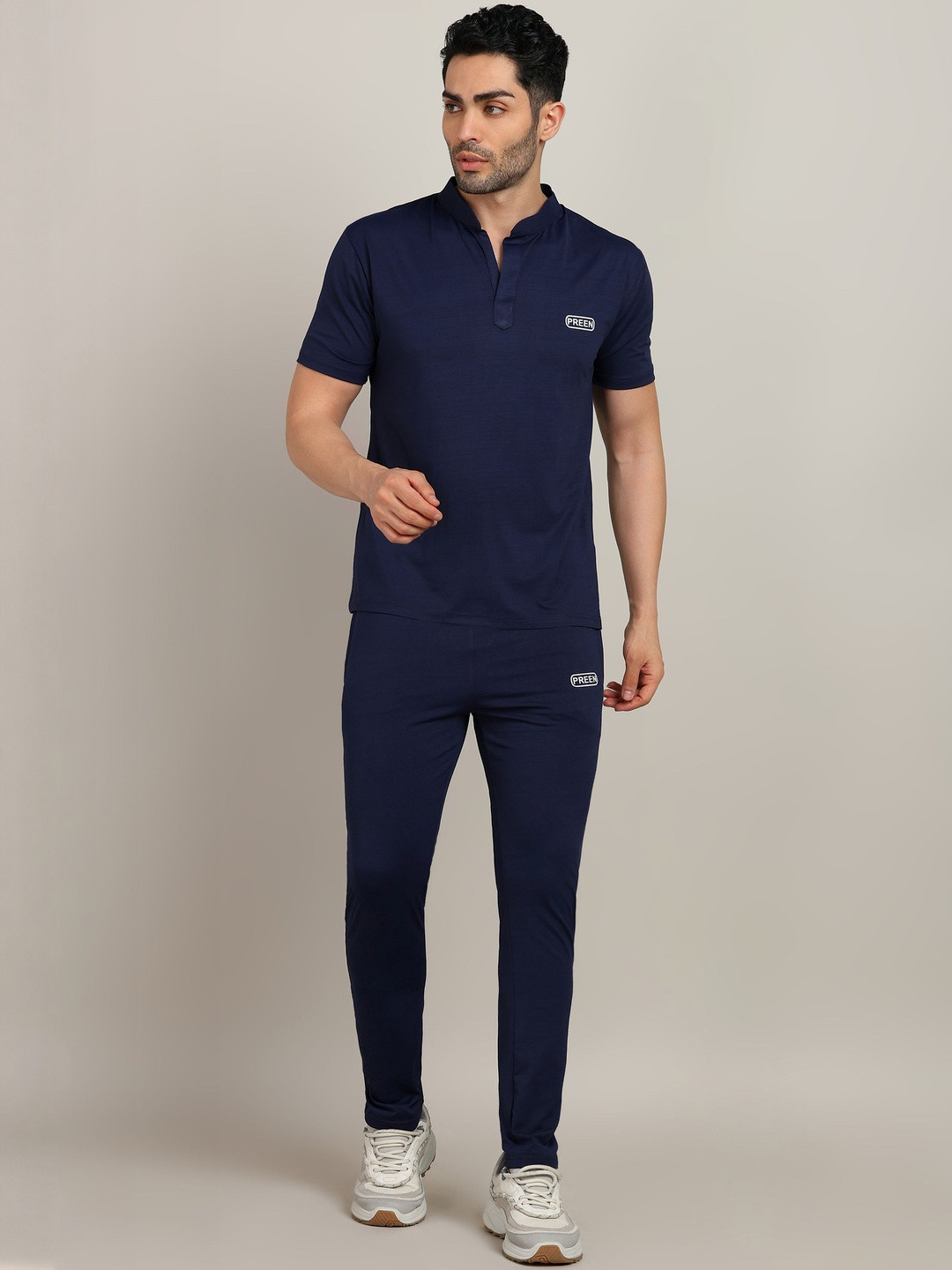 PREEN Men Navy Blue T-Shirt & Track Pant Set