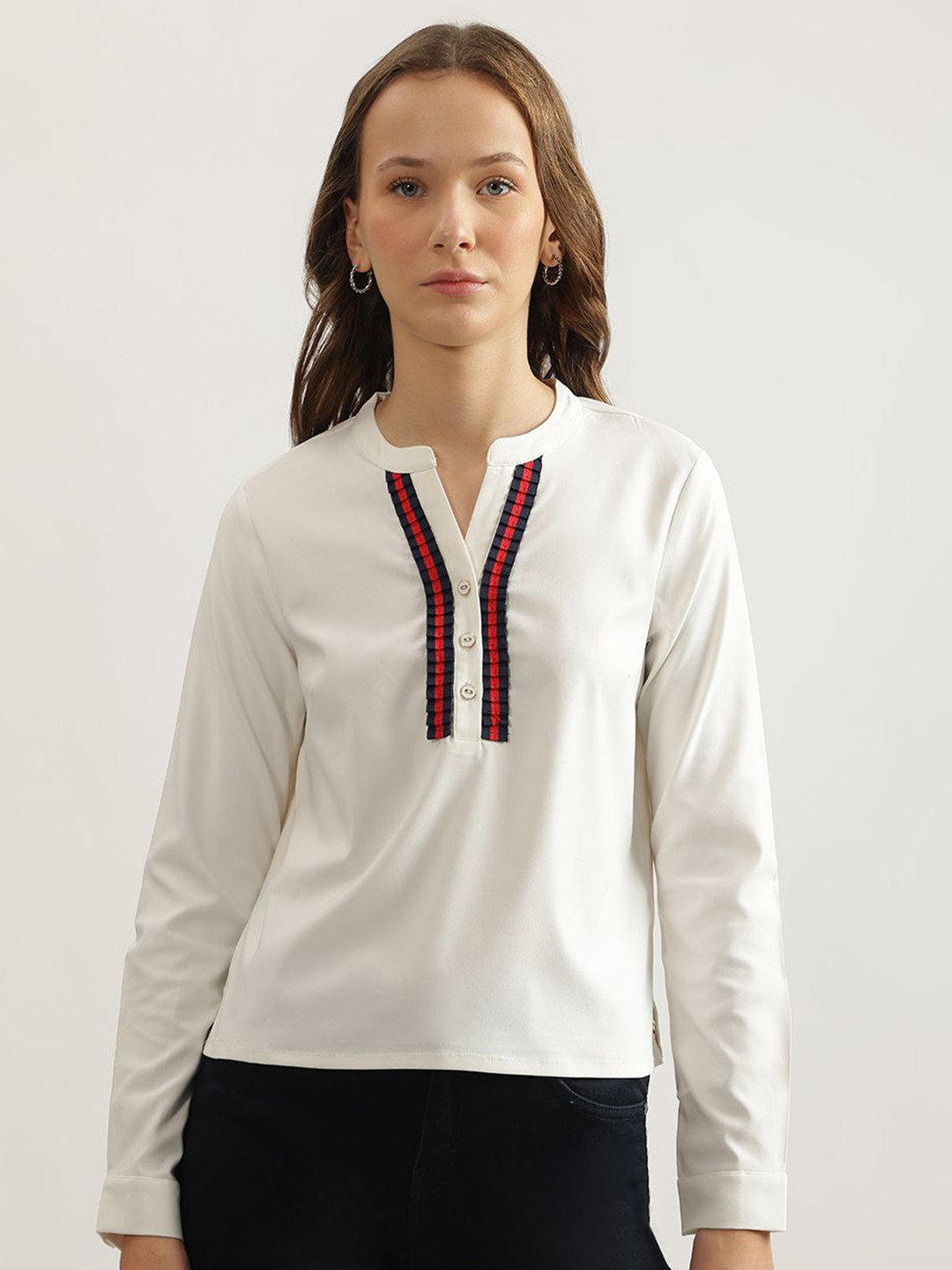 Iconic Colourblocked Band Collar Ruffles Cotton Top
