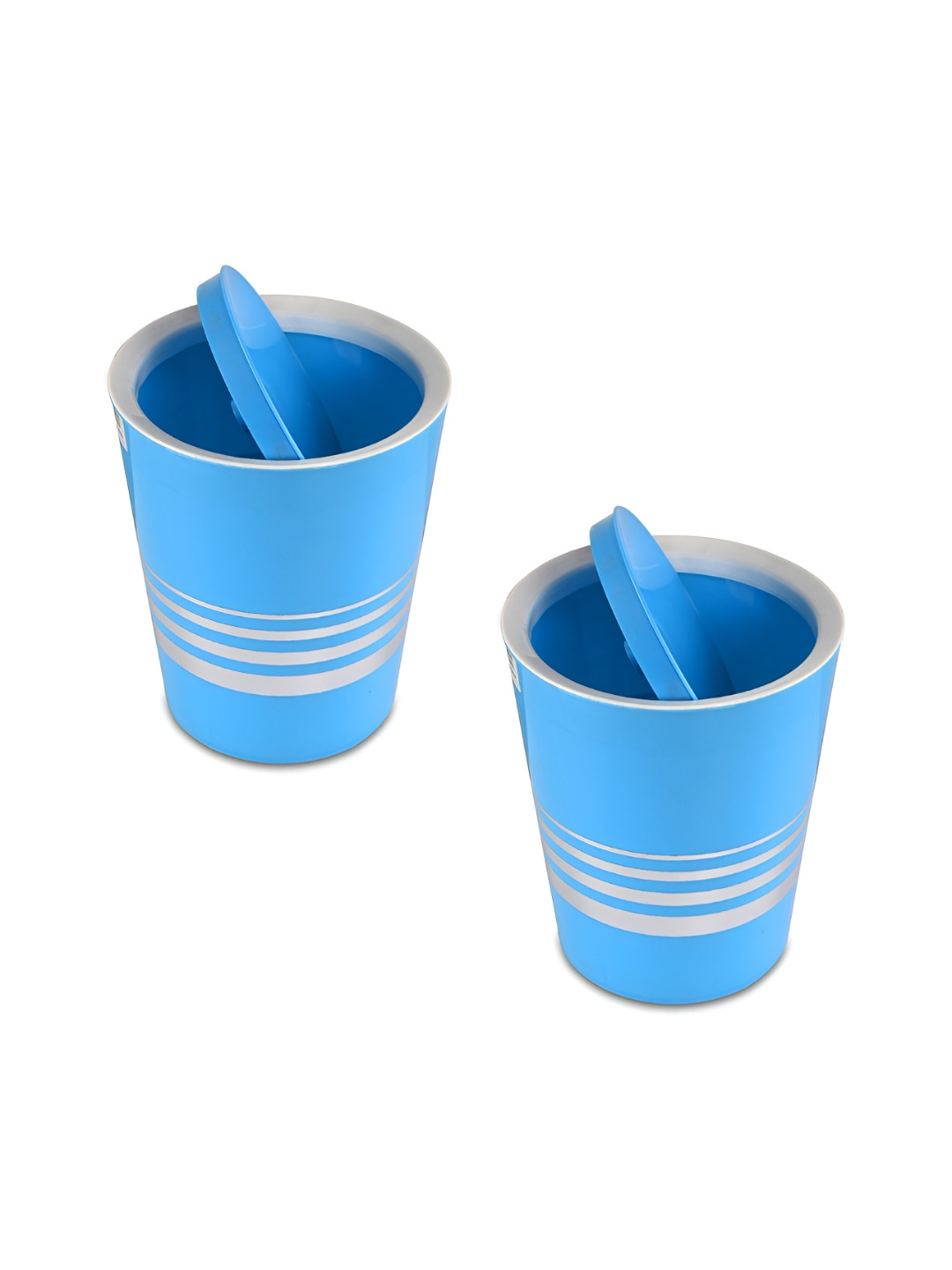 Aura Sky Blue 2 Pieces Striped Swing Dustbins With Lids - 6L Each