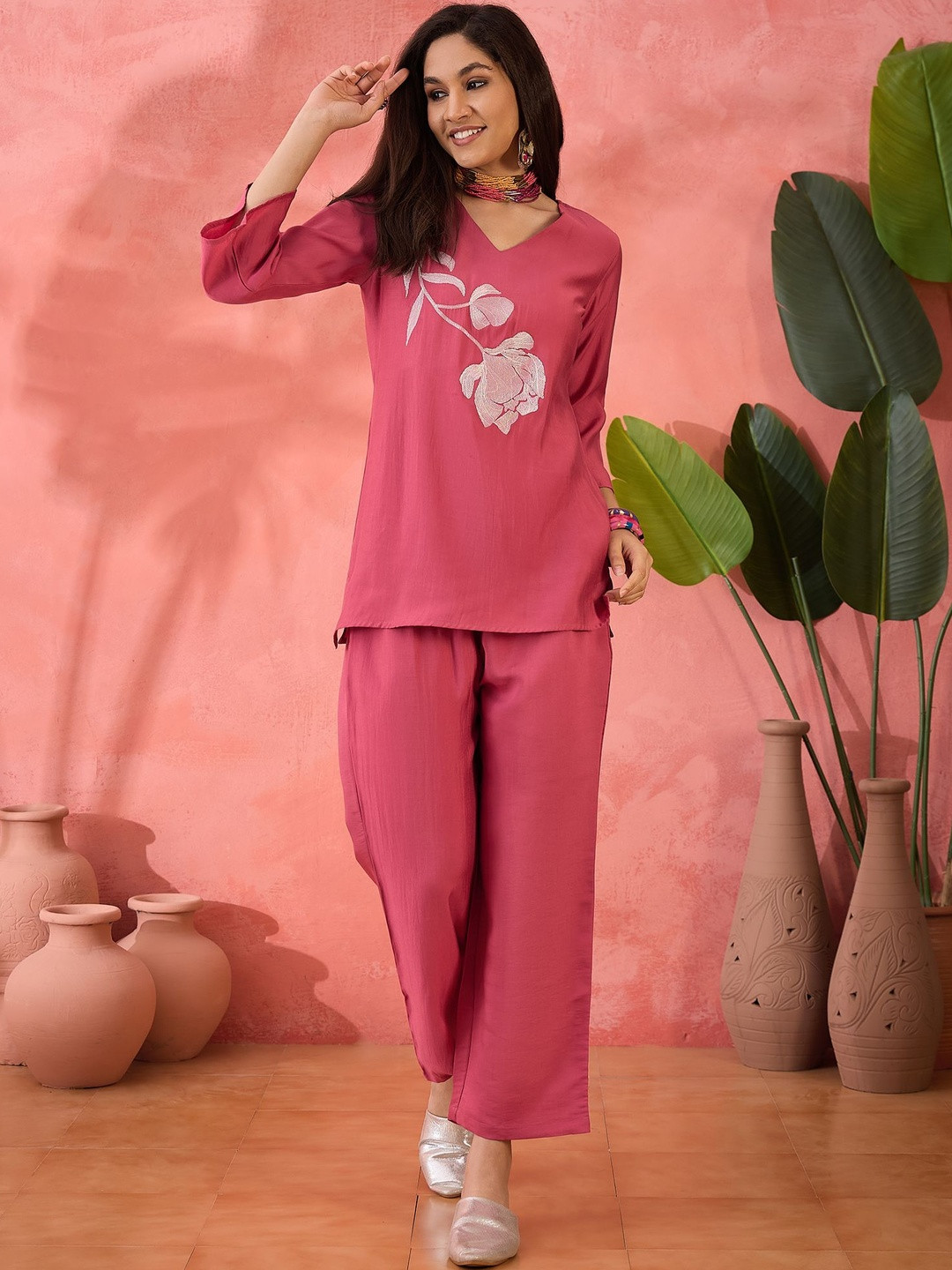 Here & Now Women Floral Embroidery Tunic With Trousers