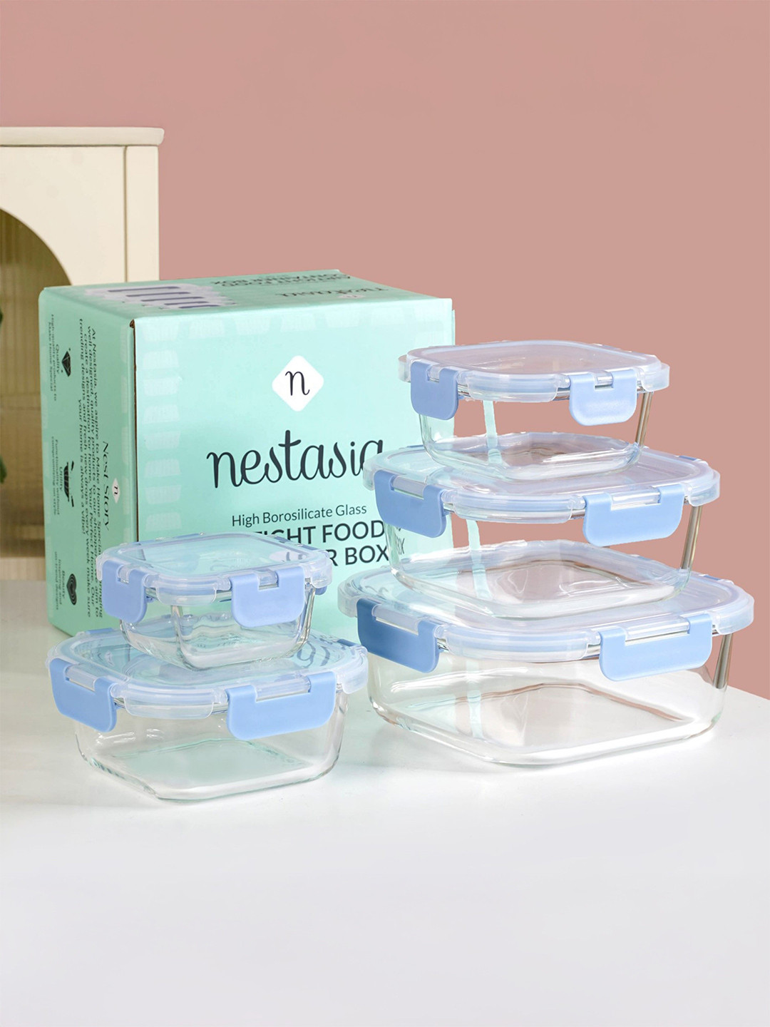 Nestasia Unisex Transparent 5 Pieces Airtight Square Borosilicate Glass Containers