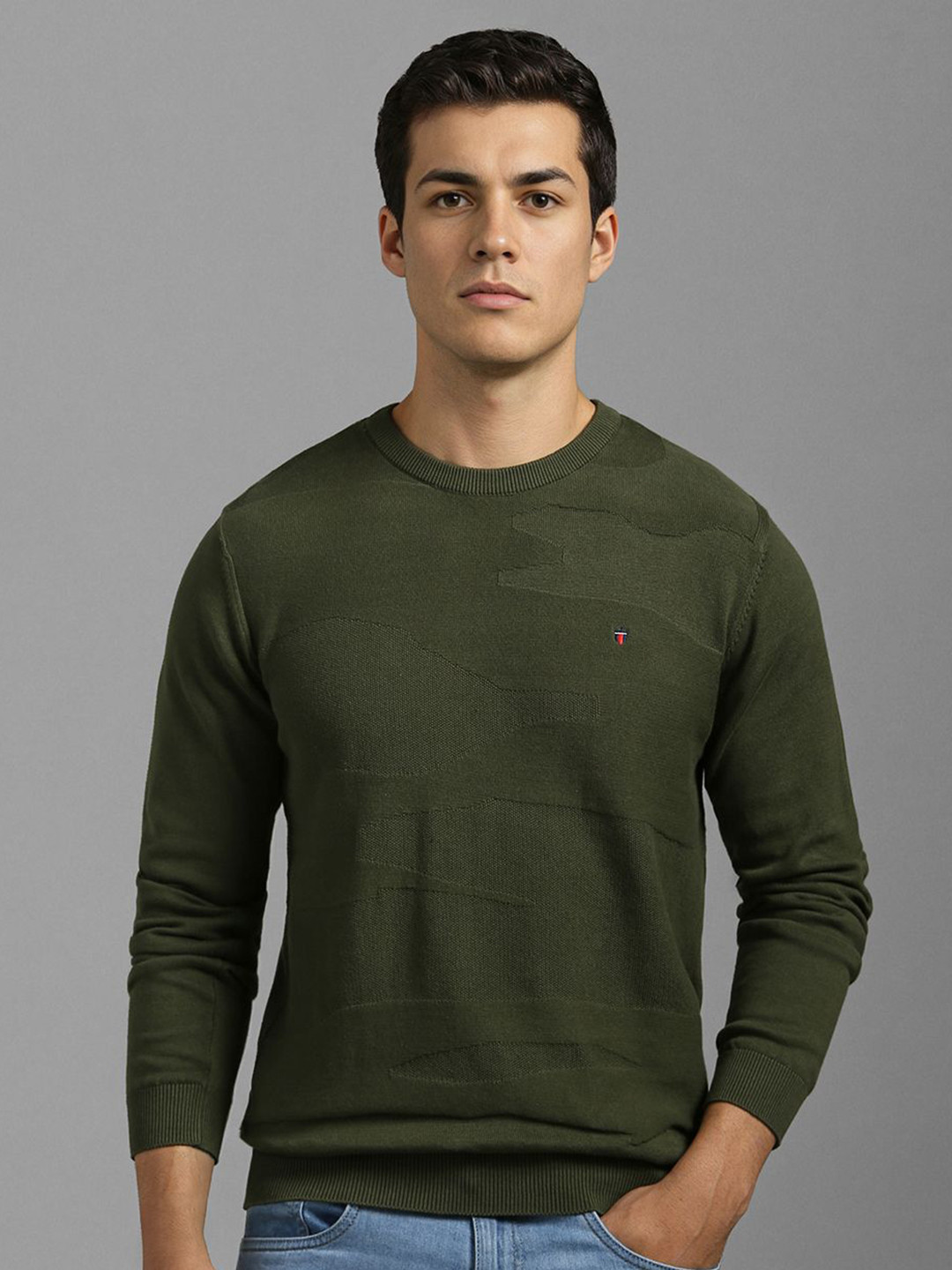 Louis Philippe Jeans Self Design Round Neck Cotton Pullover Sweater