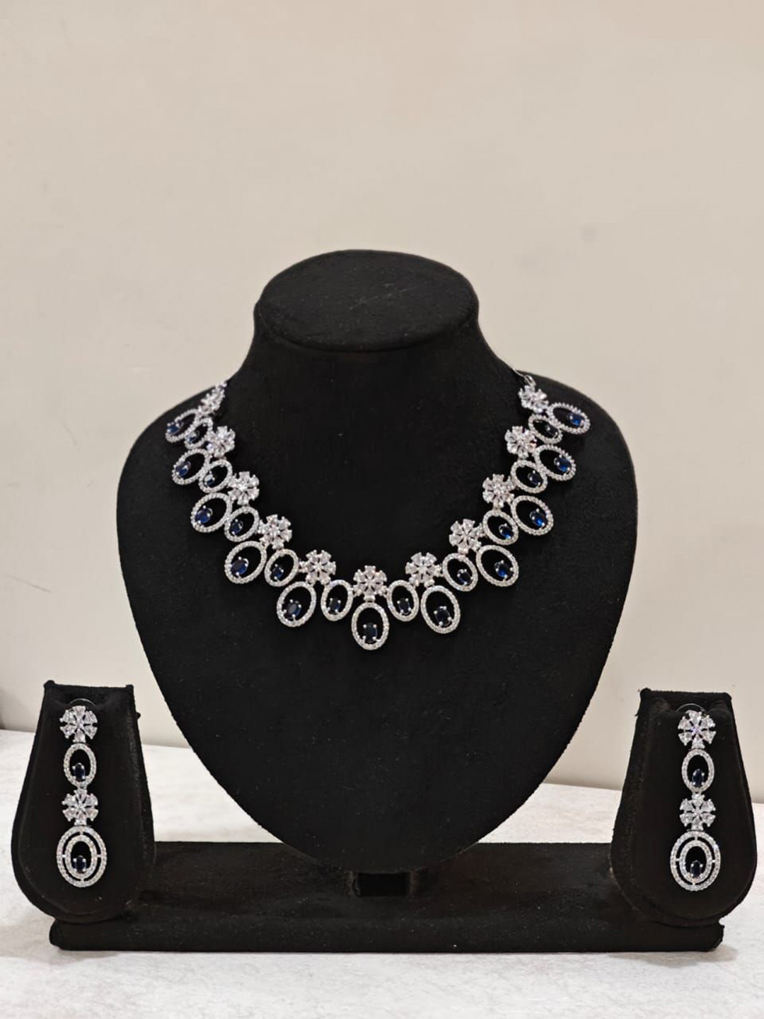 THEPANDASTOREE Silver-Plated American Diamond Stone Studded Waterproof Oval Jewellery Set