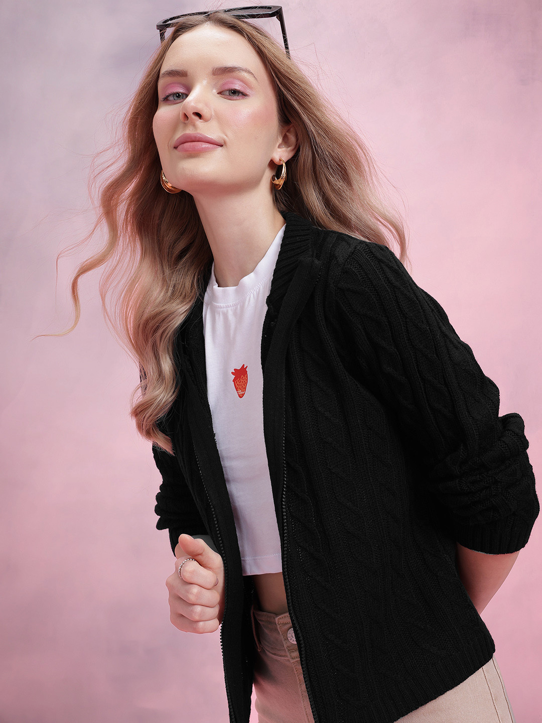 DressBerry Cable Knit Zip Closure Cardigan