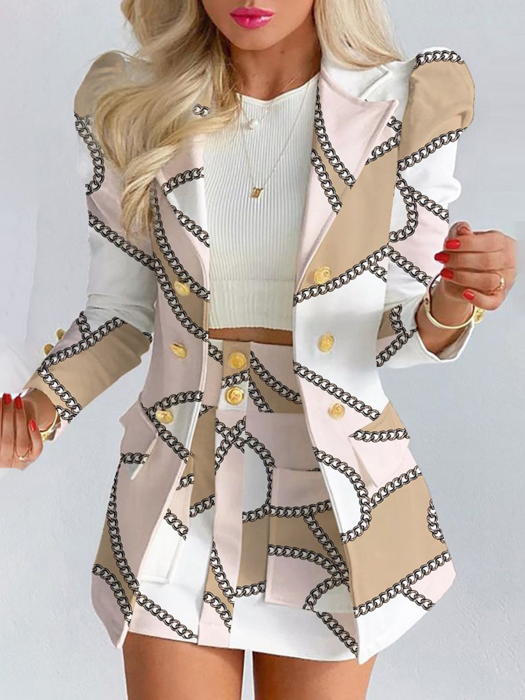 StyleCast Printed Shirt Collar Blazer With Skirt