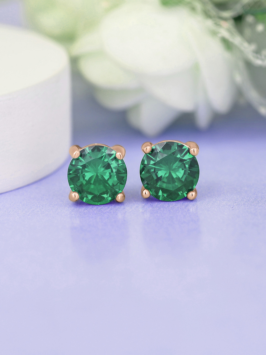 Ornate Jewels 925 Sterling Silver 18K Rose Gold-Plated Emerald Solitaire Studded Studs