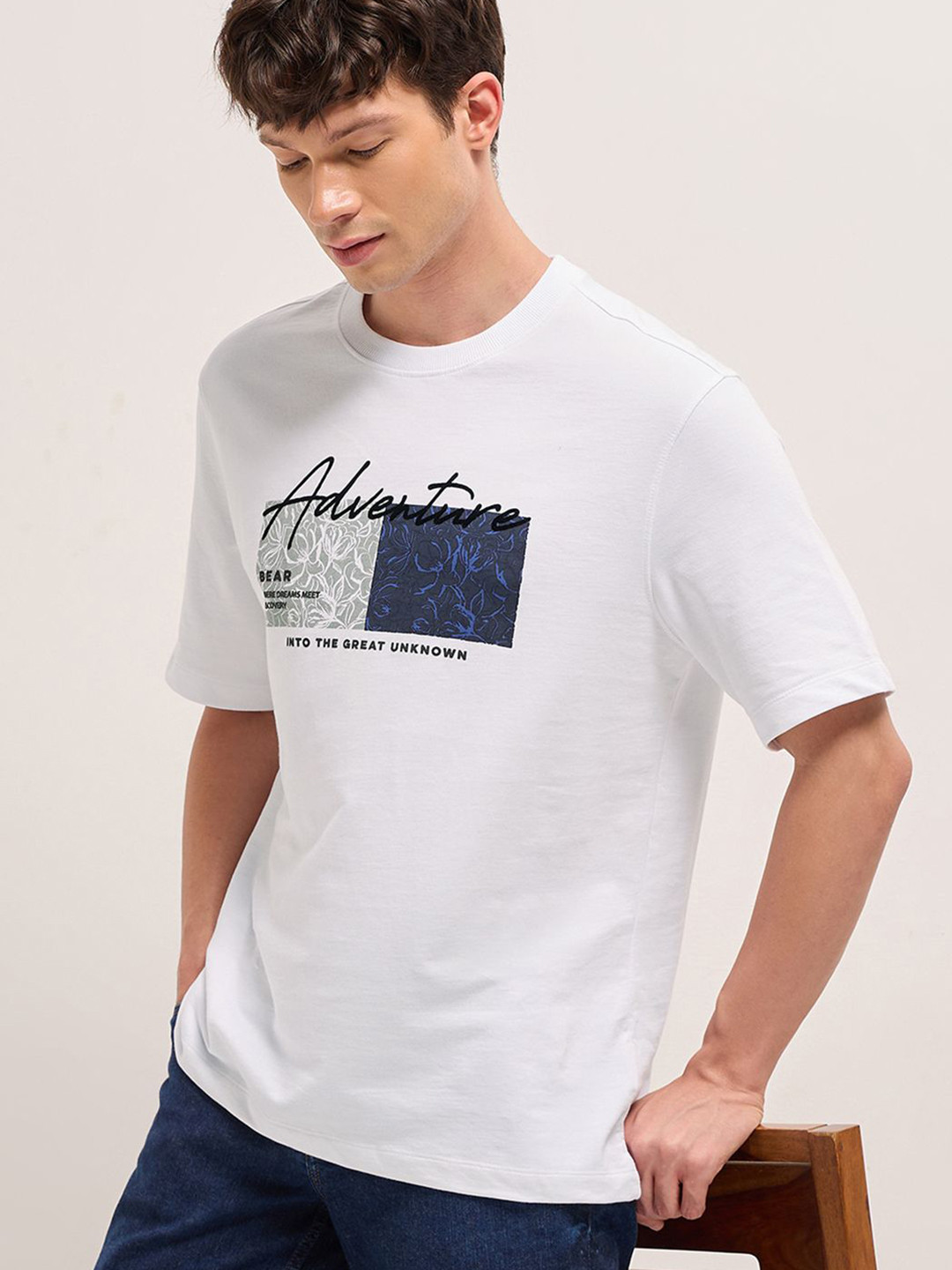 THE BEAR HOUSE Graphic Printed Pure Cotton Relaxed Fit Drop-Shoulder Sleeves T-shirt