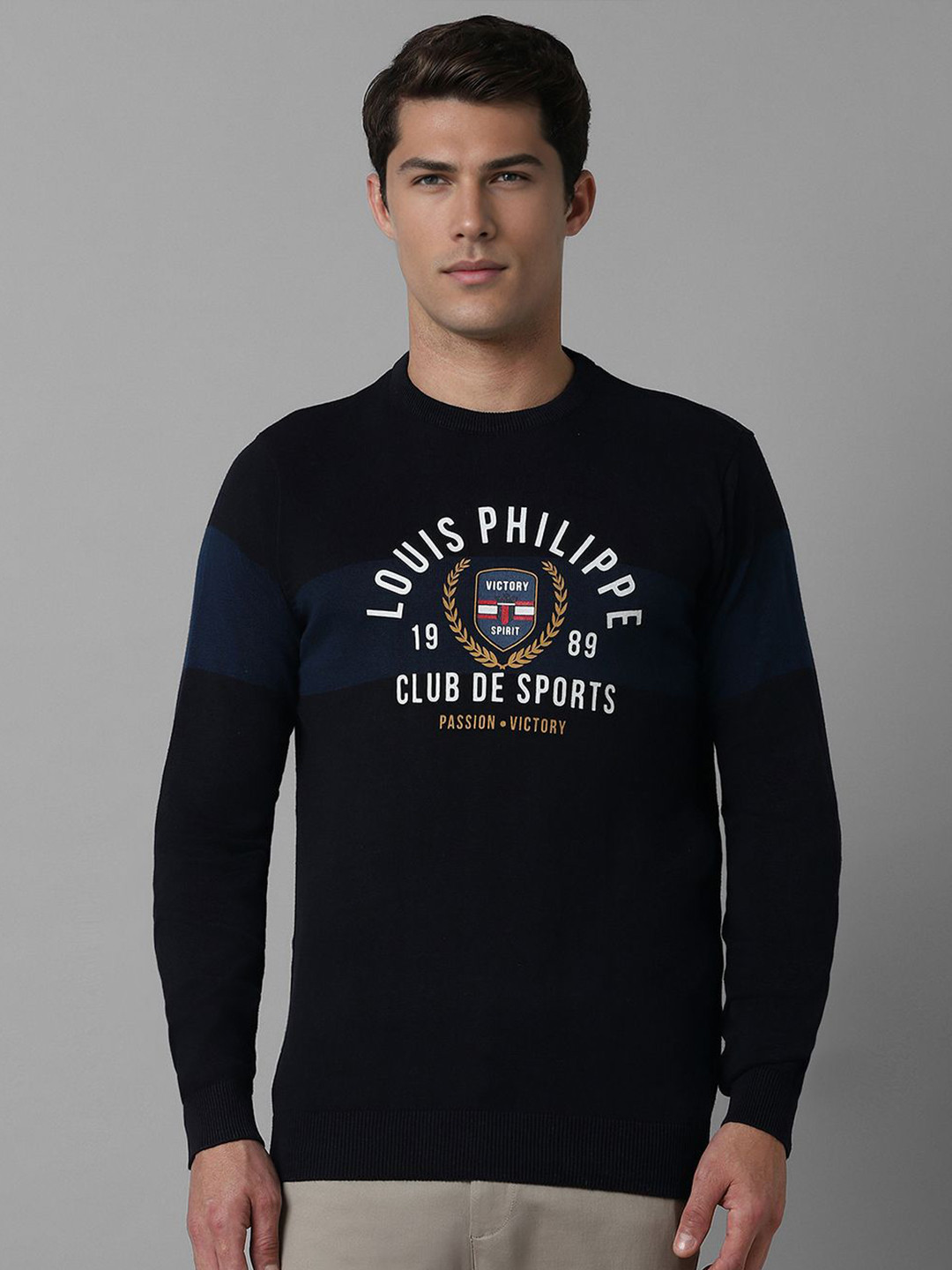 Louis Philippe Sport Graphic Printed Crew Neck Pullover Sweater