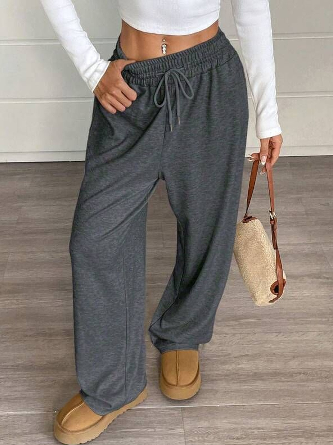 SZN Women Charcoal Loose Fit Wide Leg Trousers