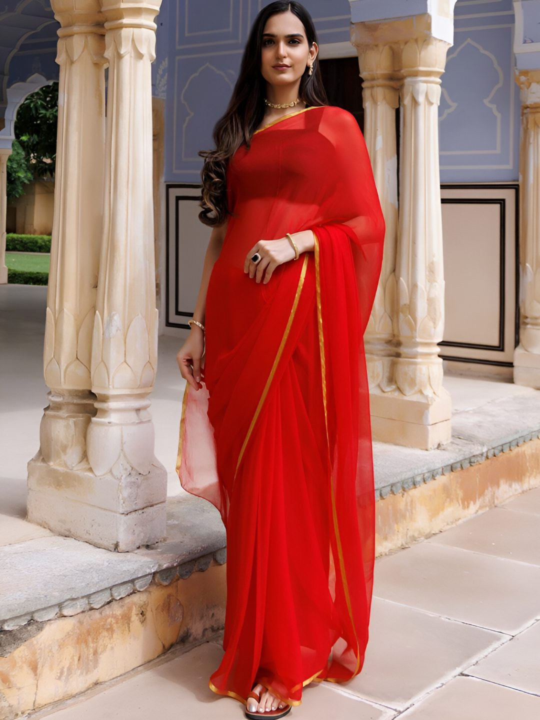 CLAFOUTIS Pure Chiffon Saree with Golden Border & Unstitched Blouse Piece