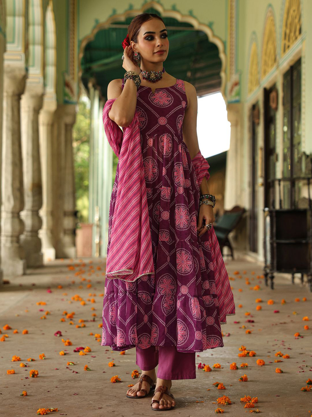 anayna Bandhani Printed Notch Neck Georgette Anarkali Kurta With Trousers & Dupatta