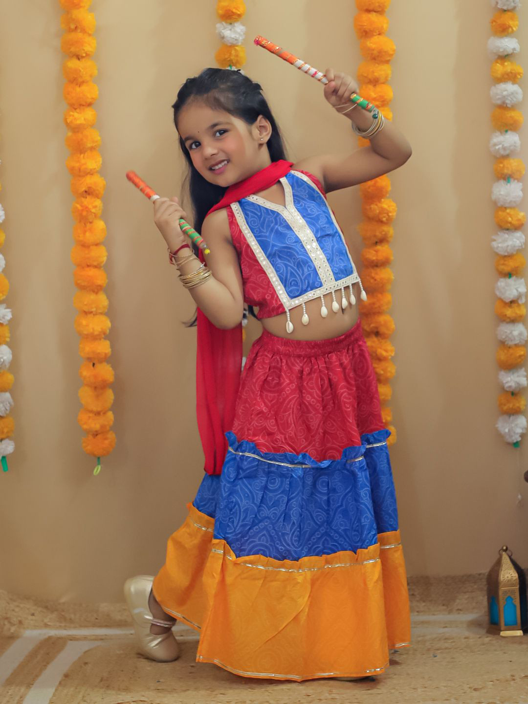 Aj DEZInES Red Cotton Half-Sleeves Floral Printed Lehenga Choli