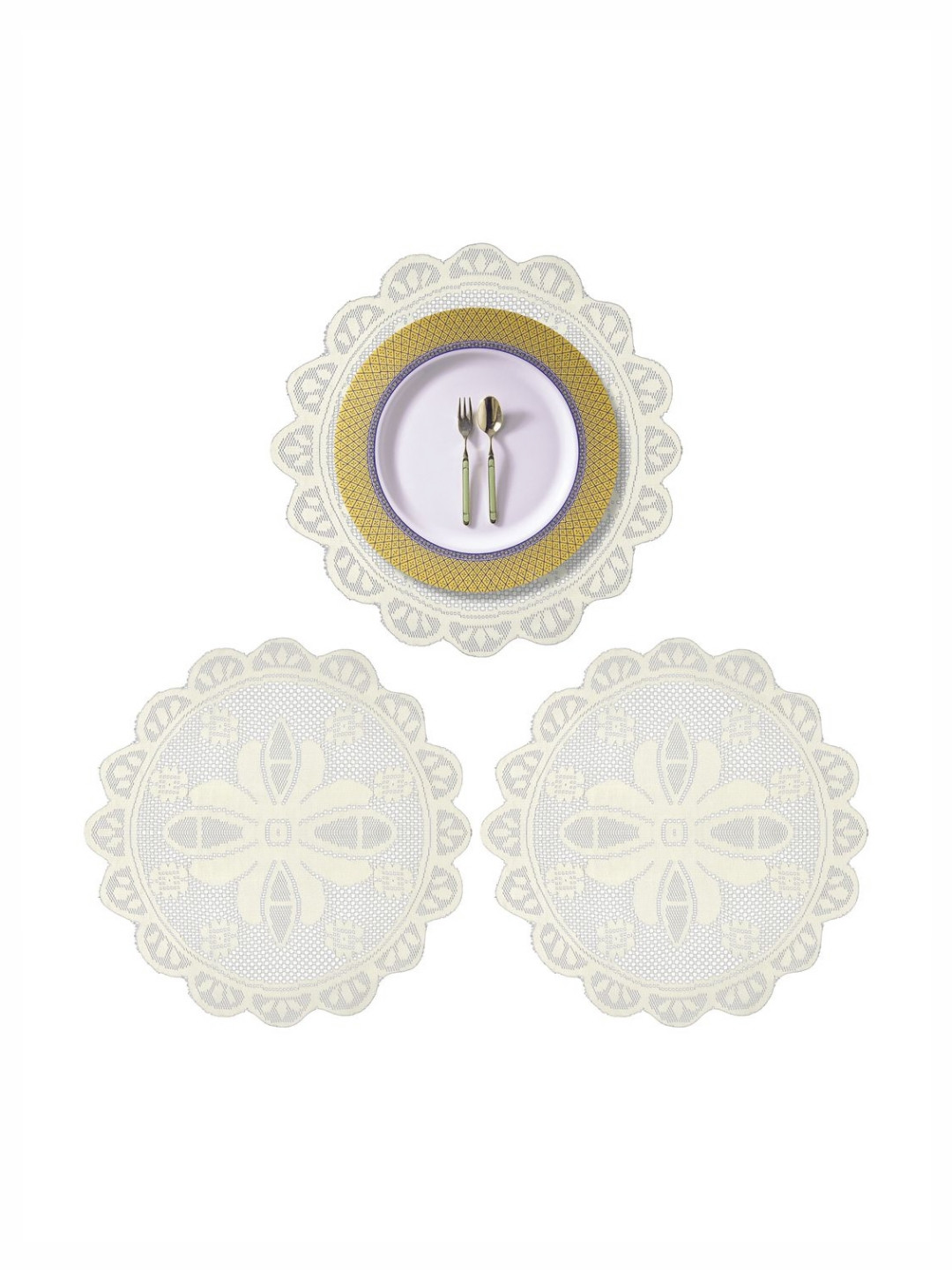 Aura White 3 Pieces Self-Design Cotton Round Shape Table Placemats