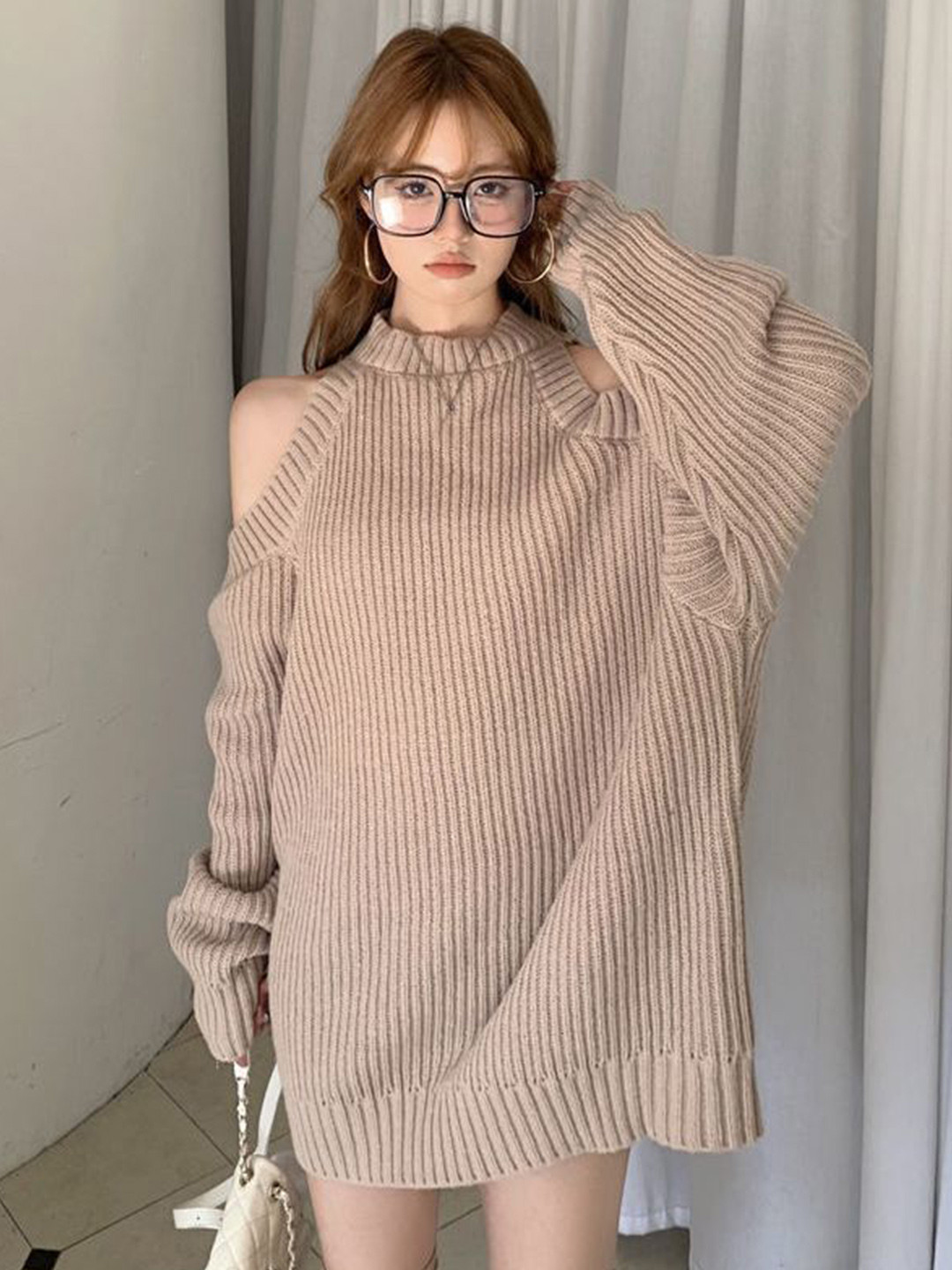 bebe Taupe Ribbed Knit Cold Shoulder Sweater Mini Dress
