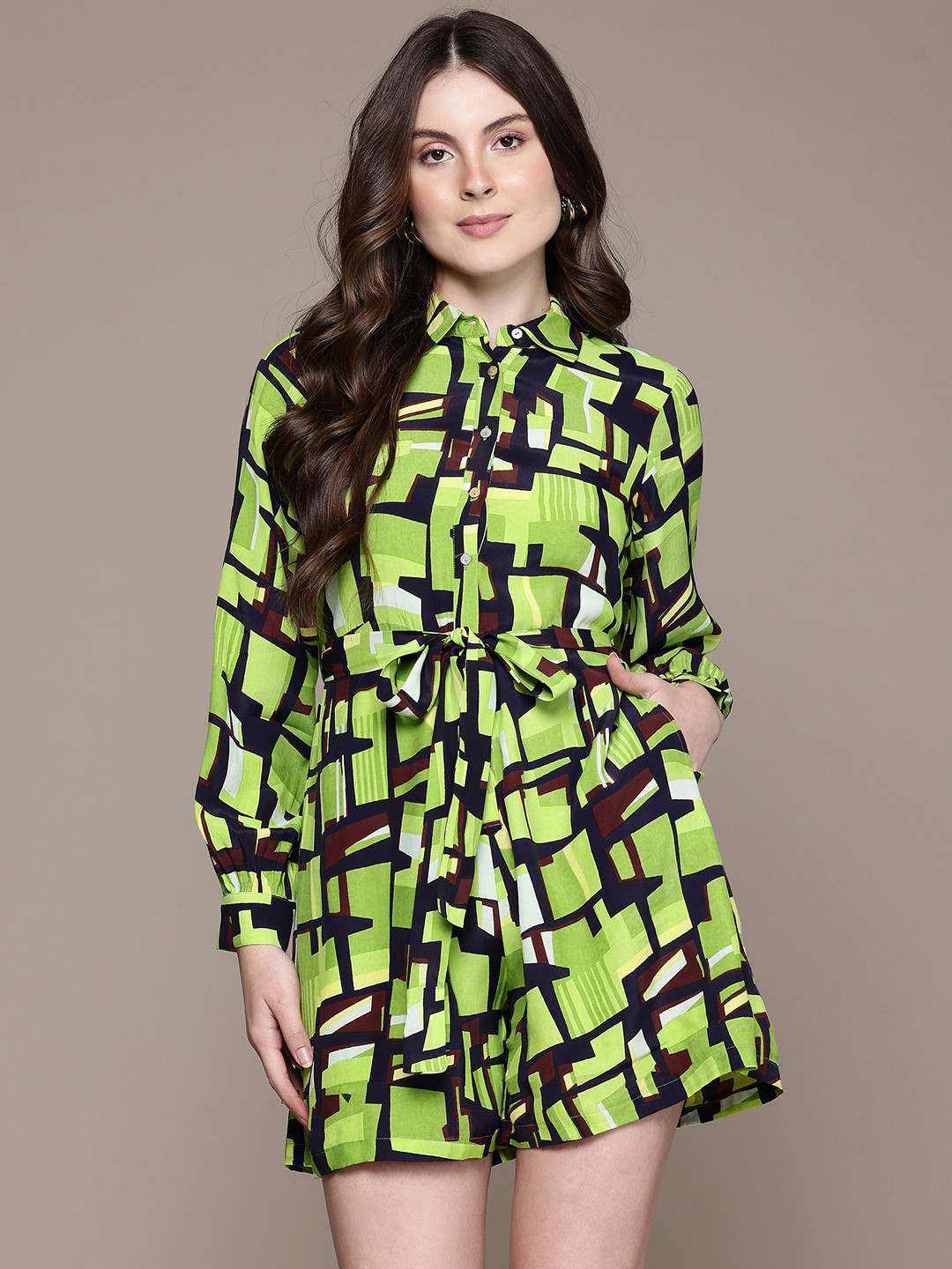 Label Ritu Kumar Abstract Printed Shirt Collar Button-Down Playsuit with Belt
