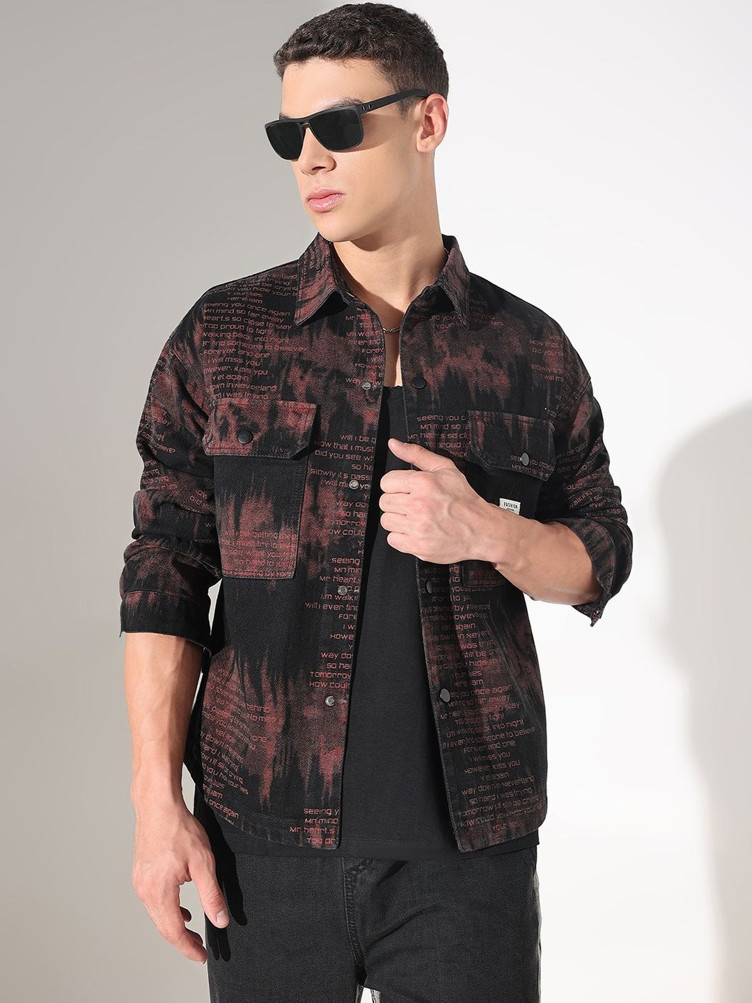 SHOWOFF Men Black Abstract Printed Denim Shacket