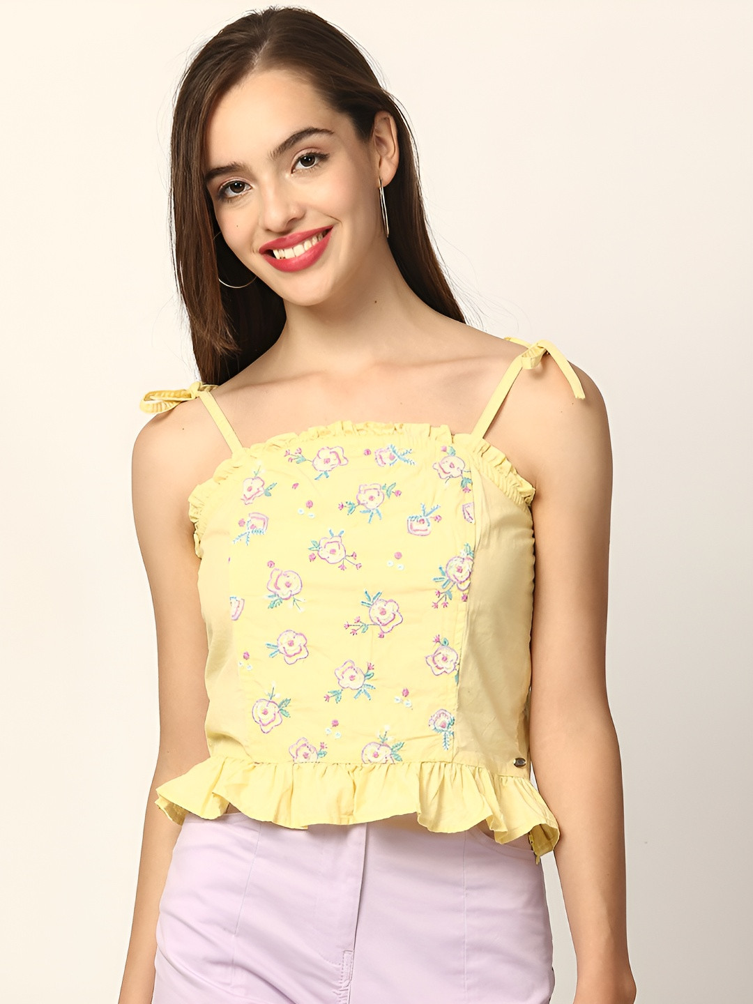 ELLE Floral Printed Ruffles Cotton Peplum Spaghetti Top
