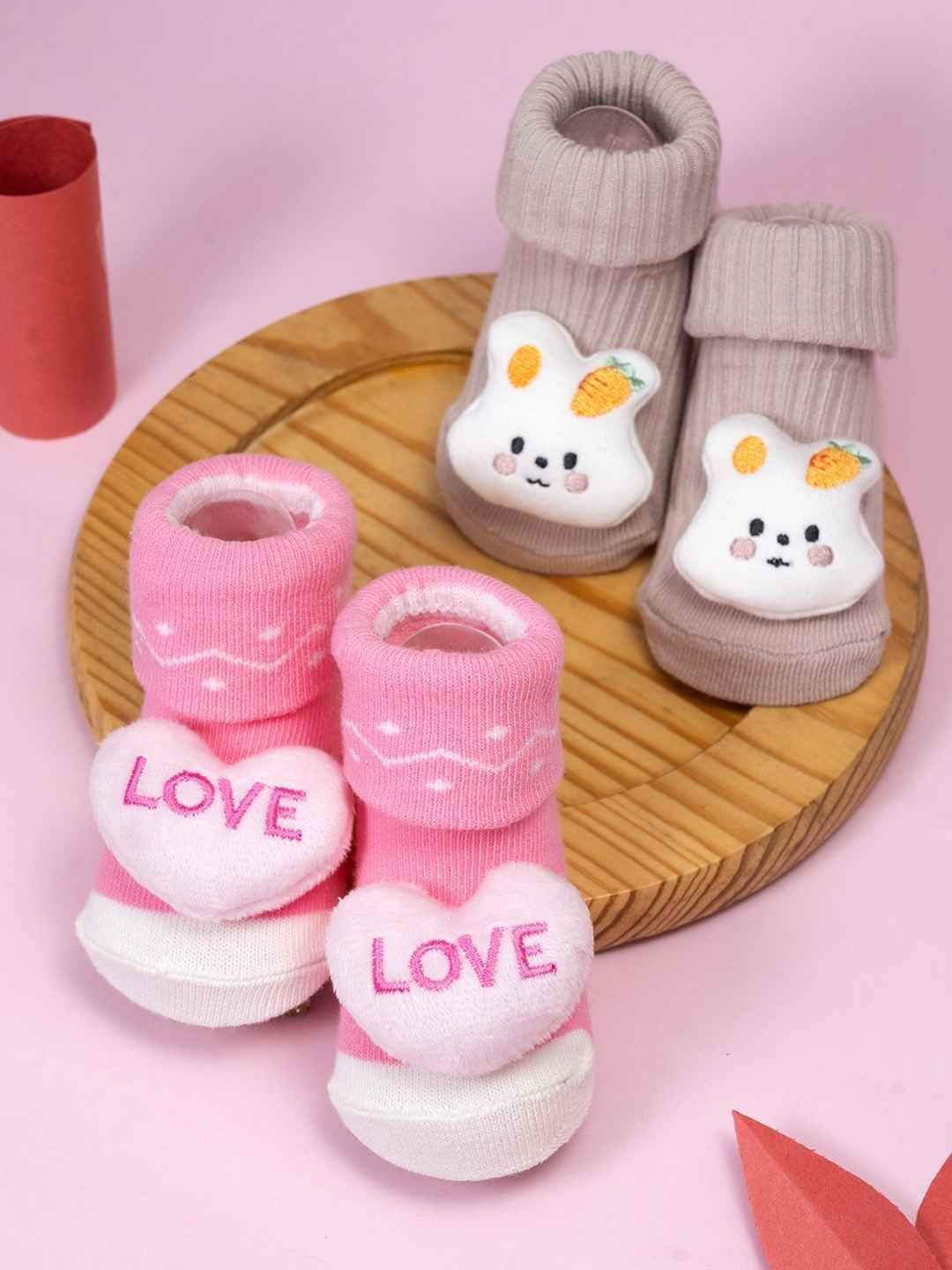 Yellow Bee Infant Girls Pack Of 2 Cute Hearts & Bunny Baby Cotton Ankle-Length Socks