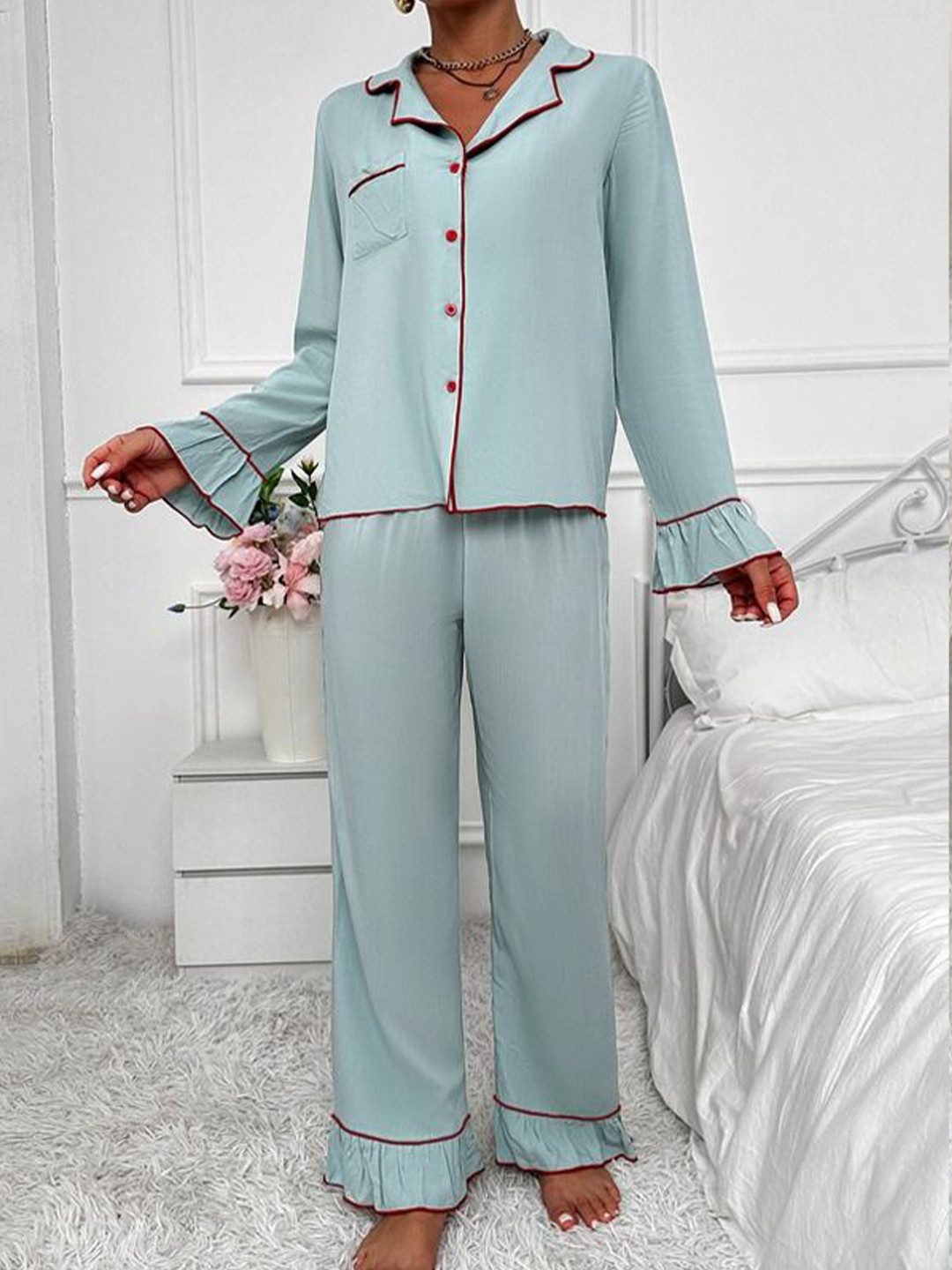 StyleCast Women Lapel Collar Shirt & Pyjamas Night suit