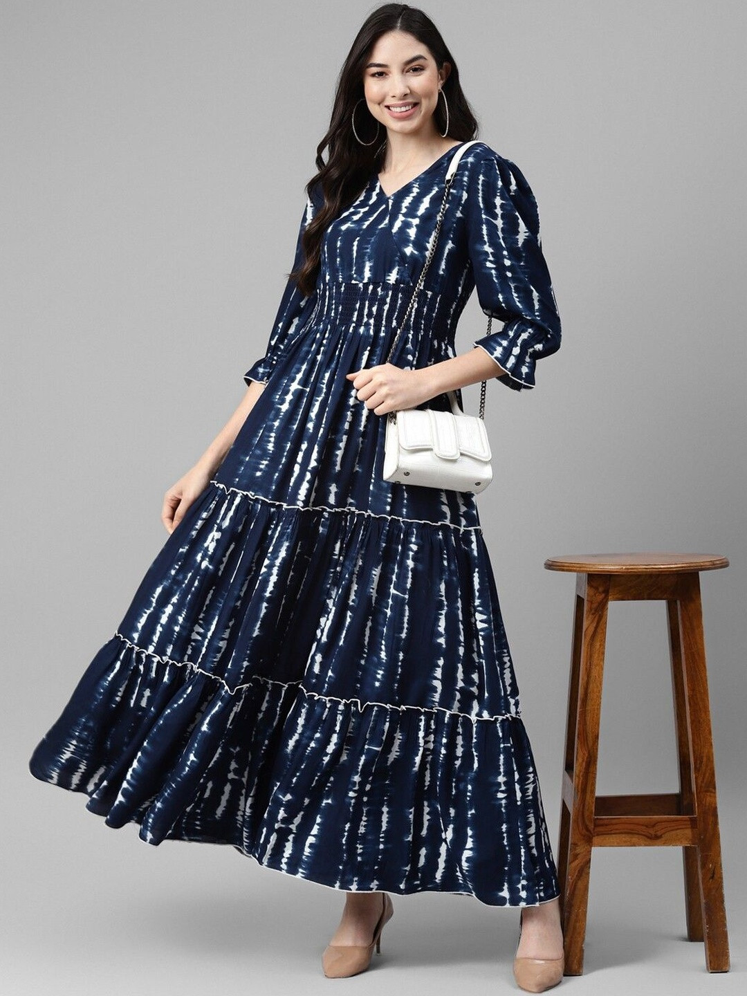 Femvy Abstract Printed V-Neck Fit and Flare Maxi Dress