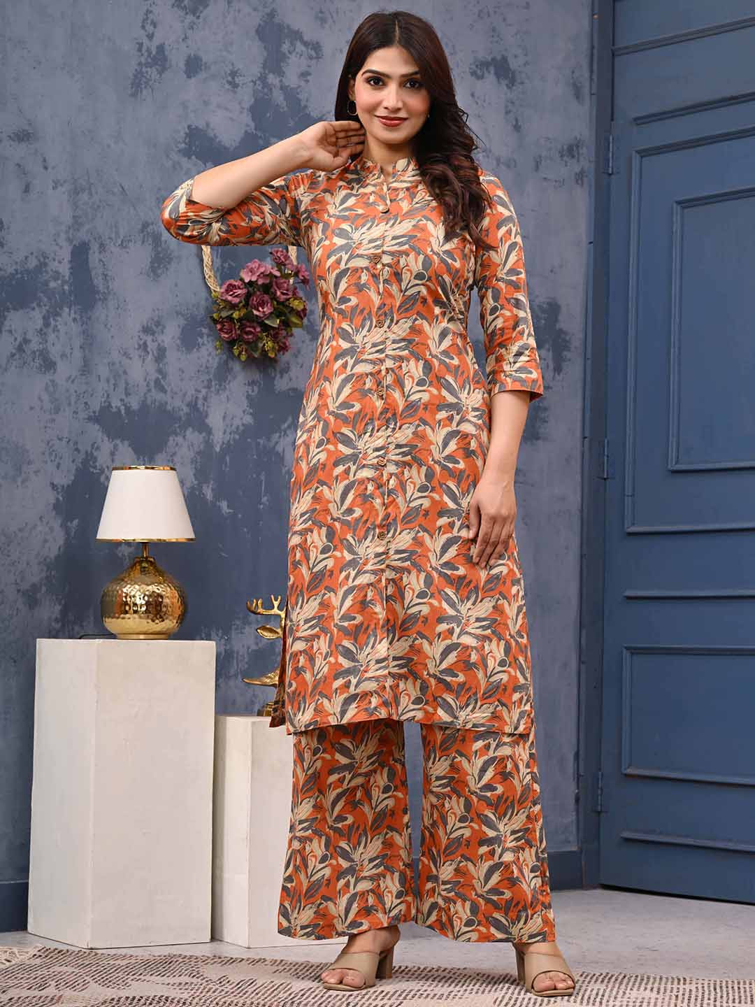 LABEL ADRIJA Women Orange Pure Cotton Full Sleeves Floral Printed Co-Ord