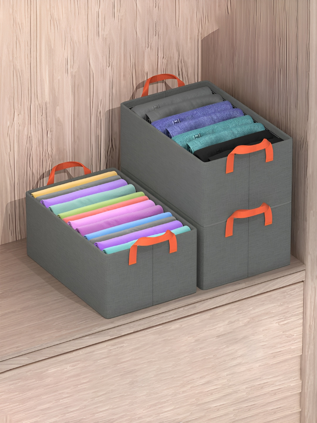 RUBOXA Grey & Orange Colored 3 Pieces Foldable Multi-Utility Organisers