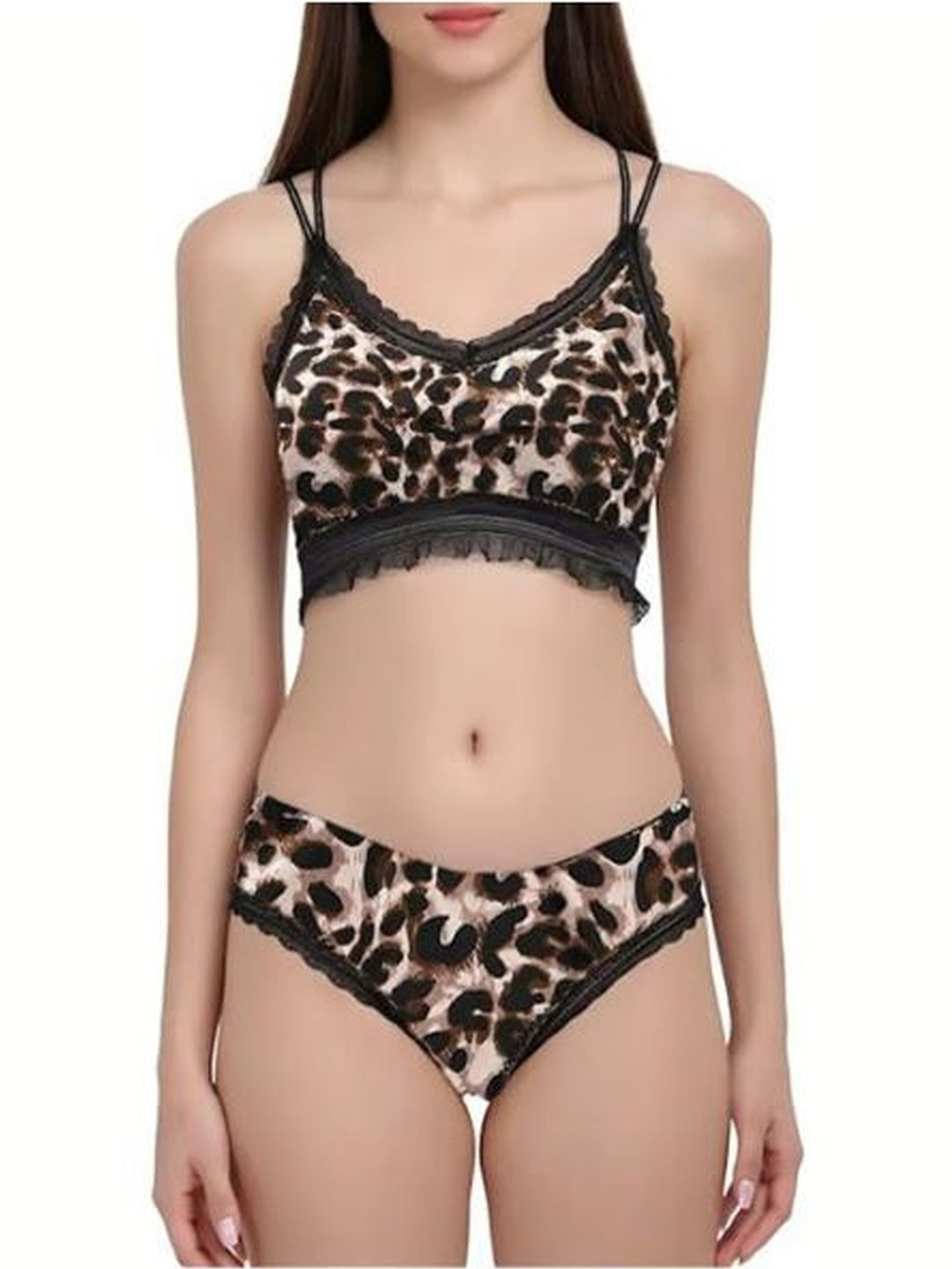 Kilvis Women Leopard Printed Padded With Lace Lingery Set
