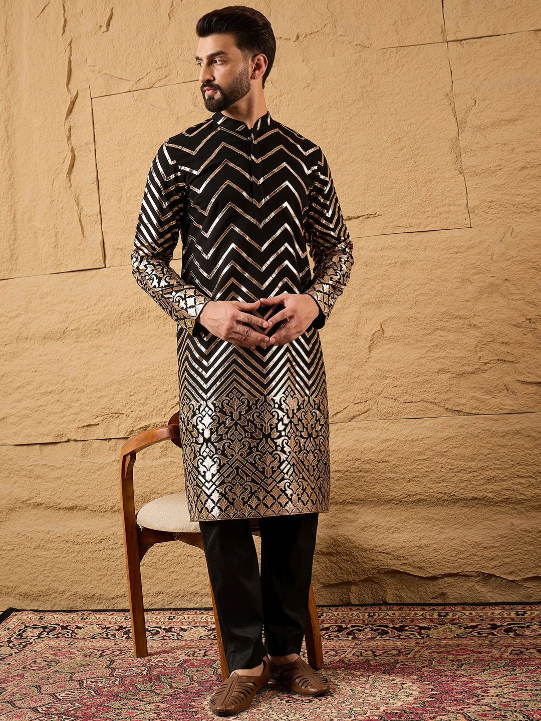 Ethnic Bay Men Embellished Georgette Straight  Kurta