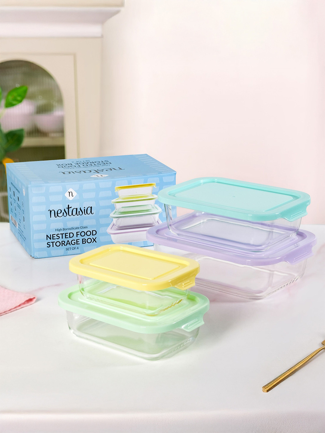 Nestasia Transparent 4 Pcs Borosilicate Glass Freshlock Meal Prep Rectangular Containers